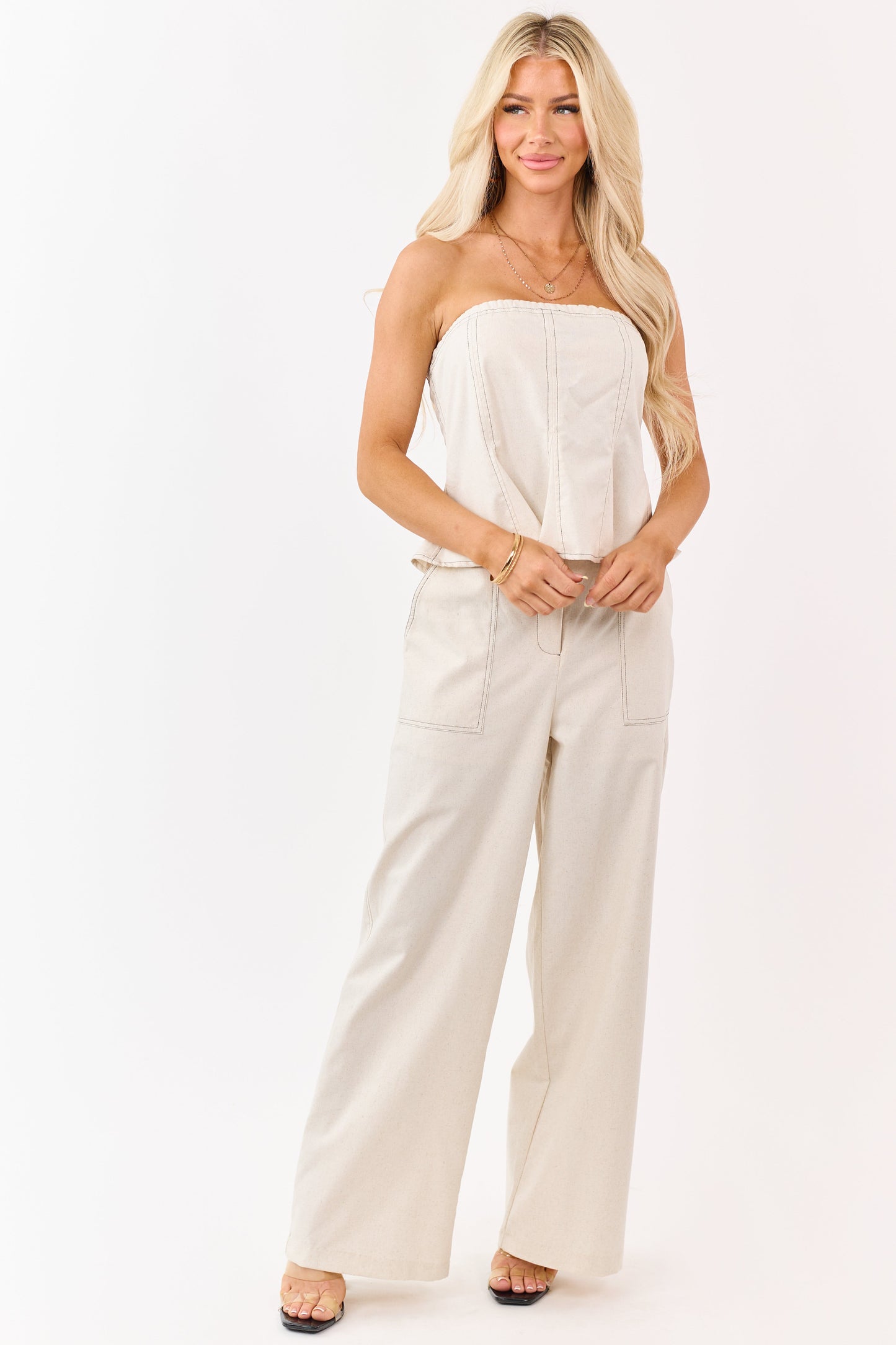 Almond Wide Leg Linen Blend Pants