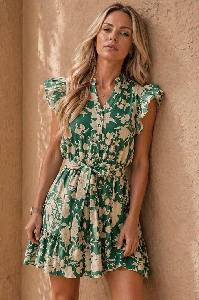 Flying Tomato Kelly Green Floral Cotton Short Dress