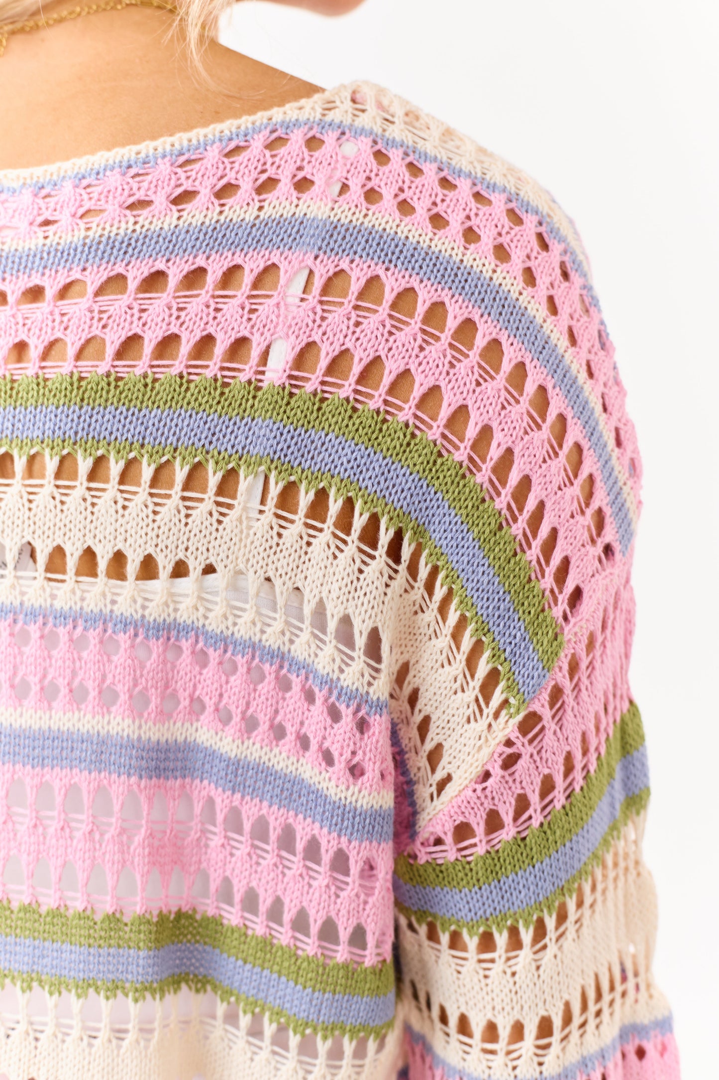 Baby Pink Striped Open Knit Long Sleeve Sweater