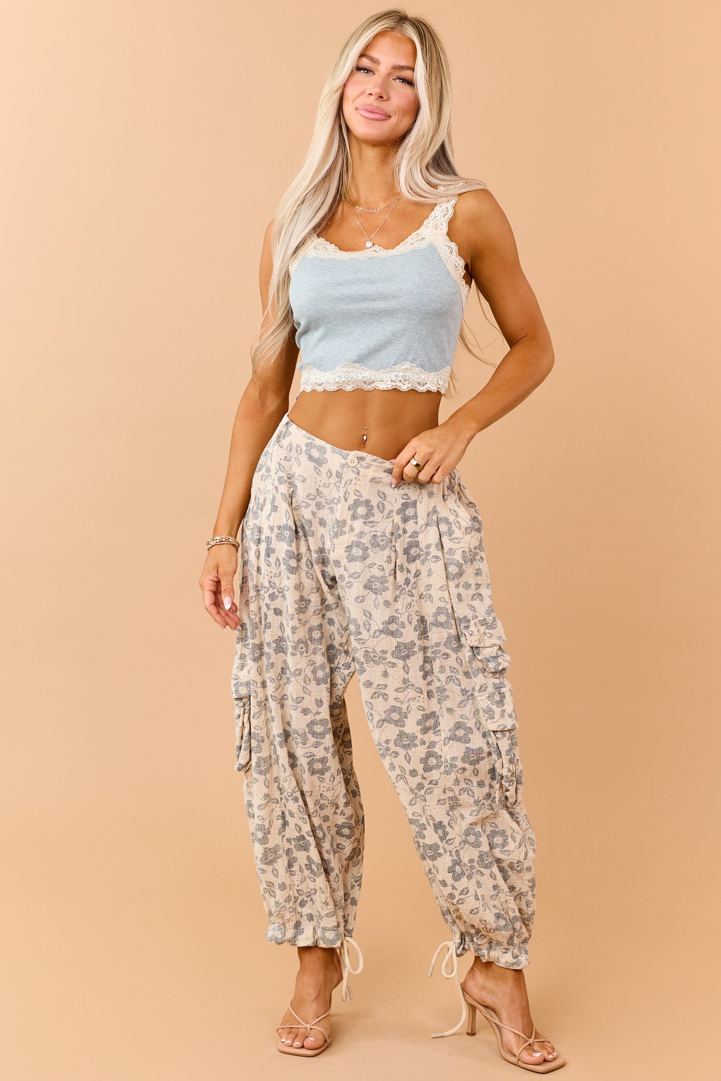 Beige Floral Print Drawstring Cuffs Cargo Pants