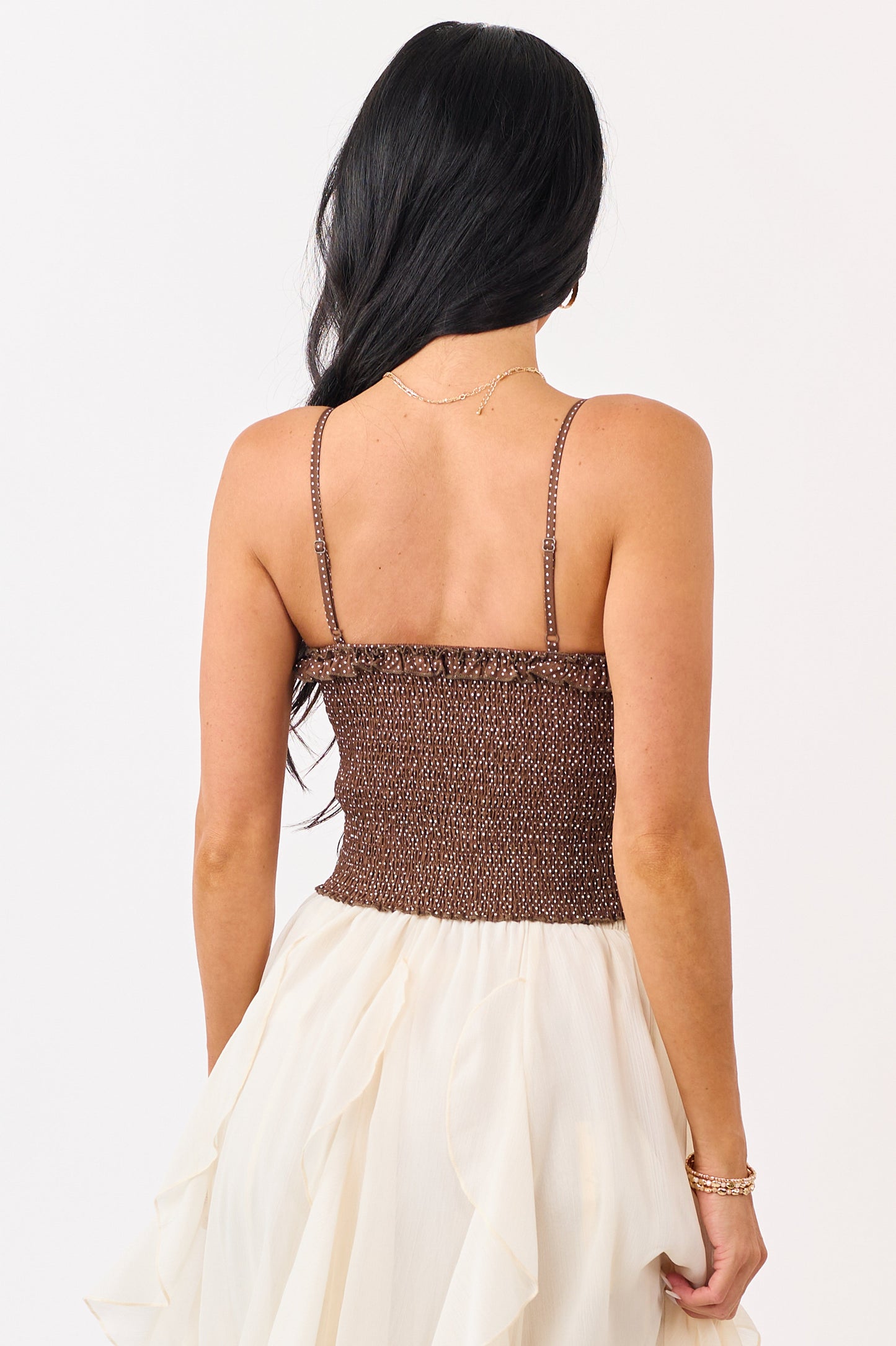 Cocoa Cotton Polka Dot Ruffled Smocked Cami Top