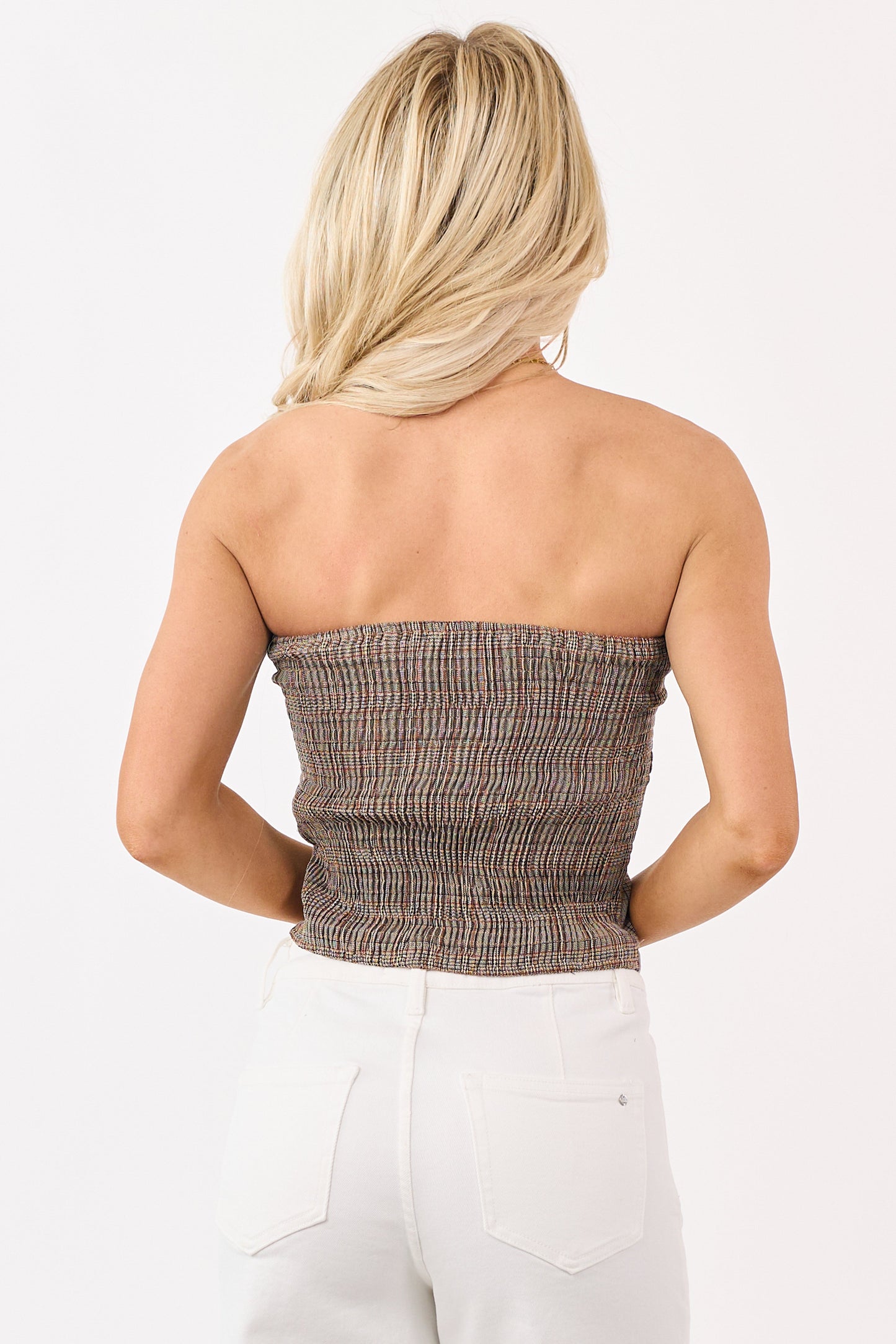 Coffee Plaid Lace Trim Smocked Strapless Top