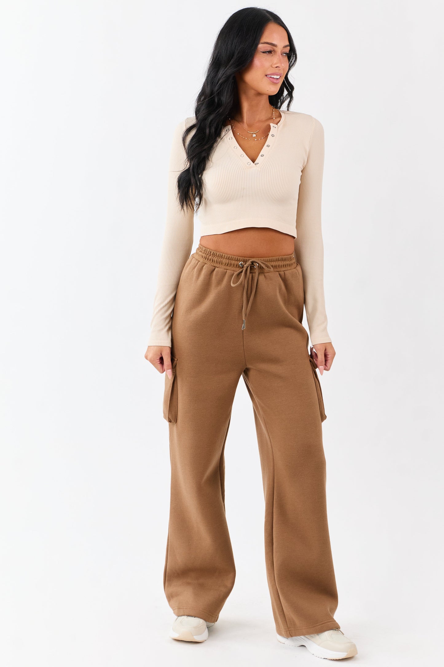 Cognac Elastic Waist Knit Cargo Sweatpants