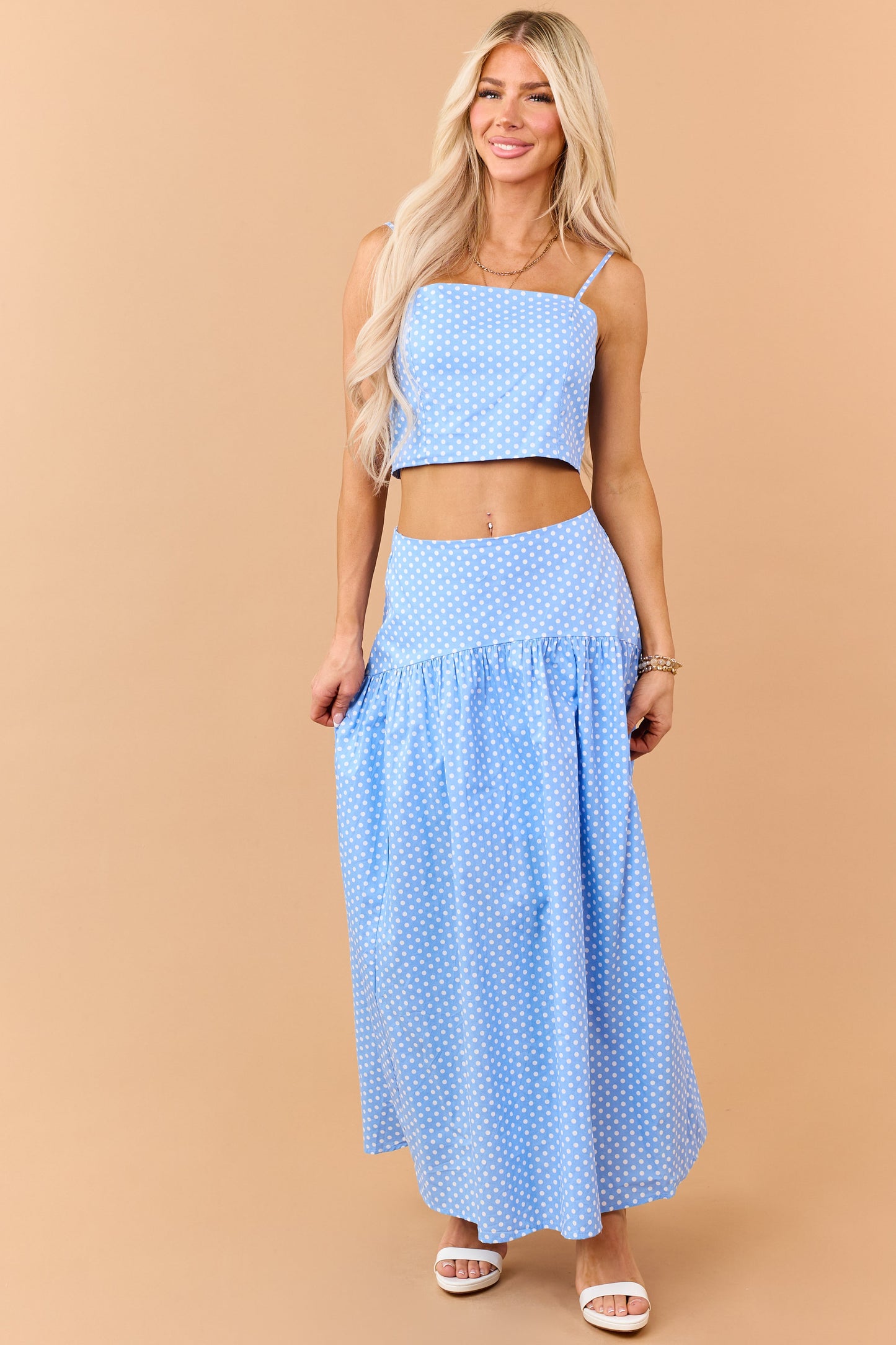 Cornflower and White Polka Dot Cotton Maxi Skirt