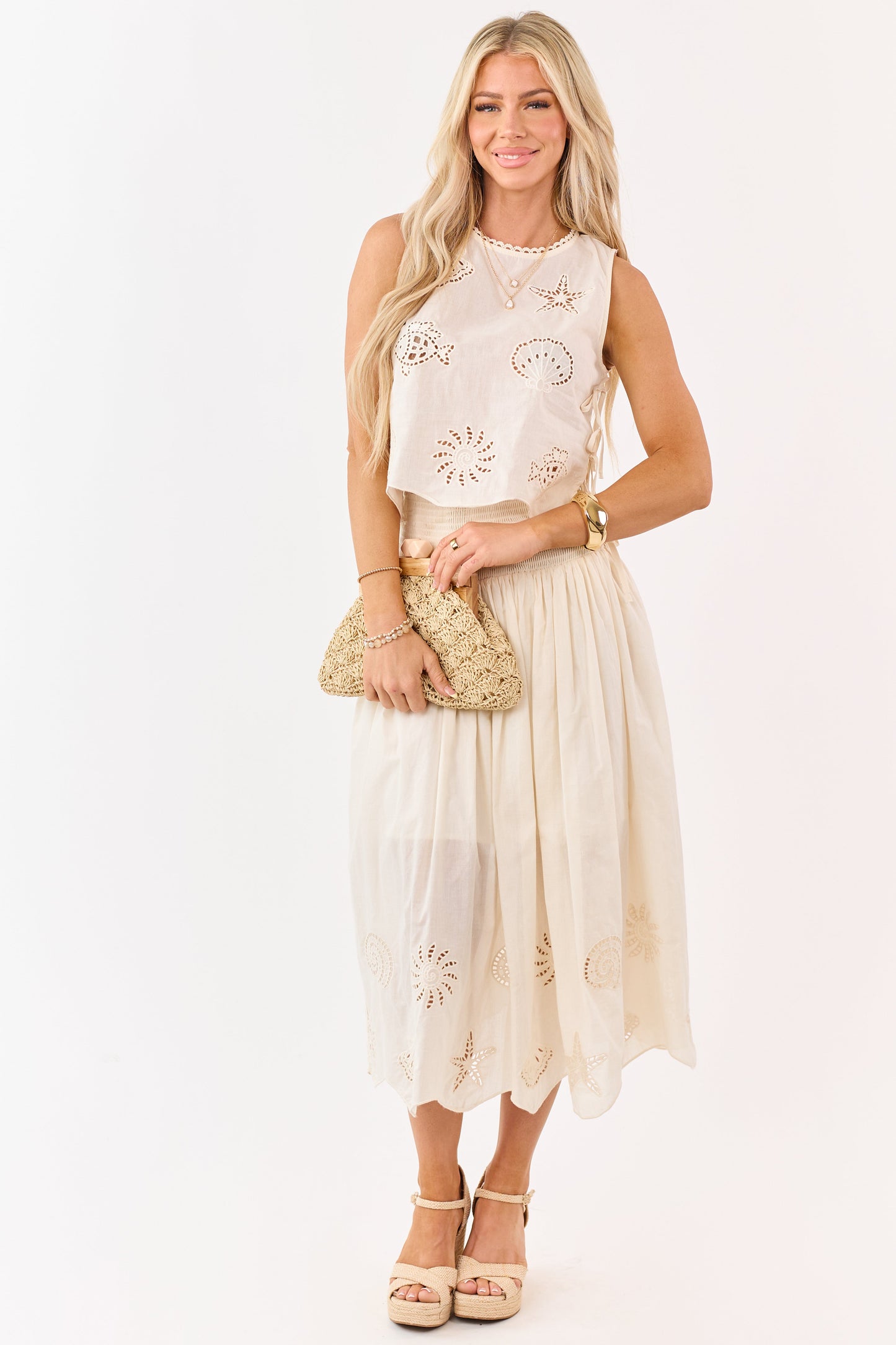 Cream Cotton Nautical Embroidered Hem Midi Skirt