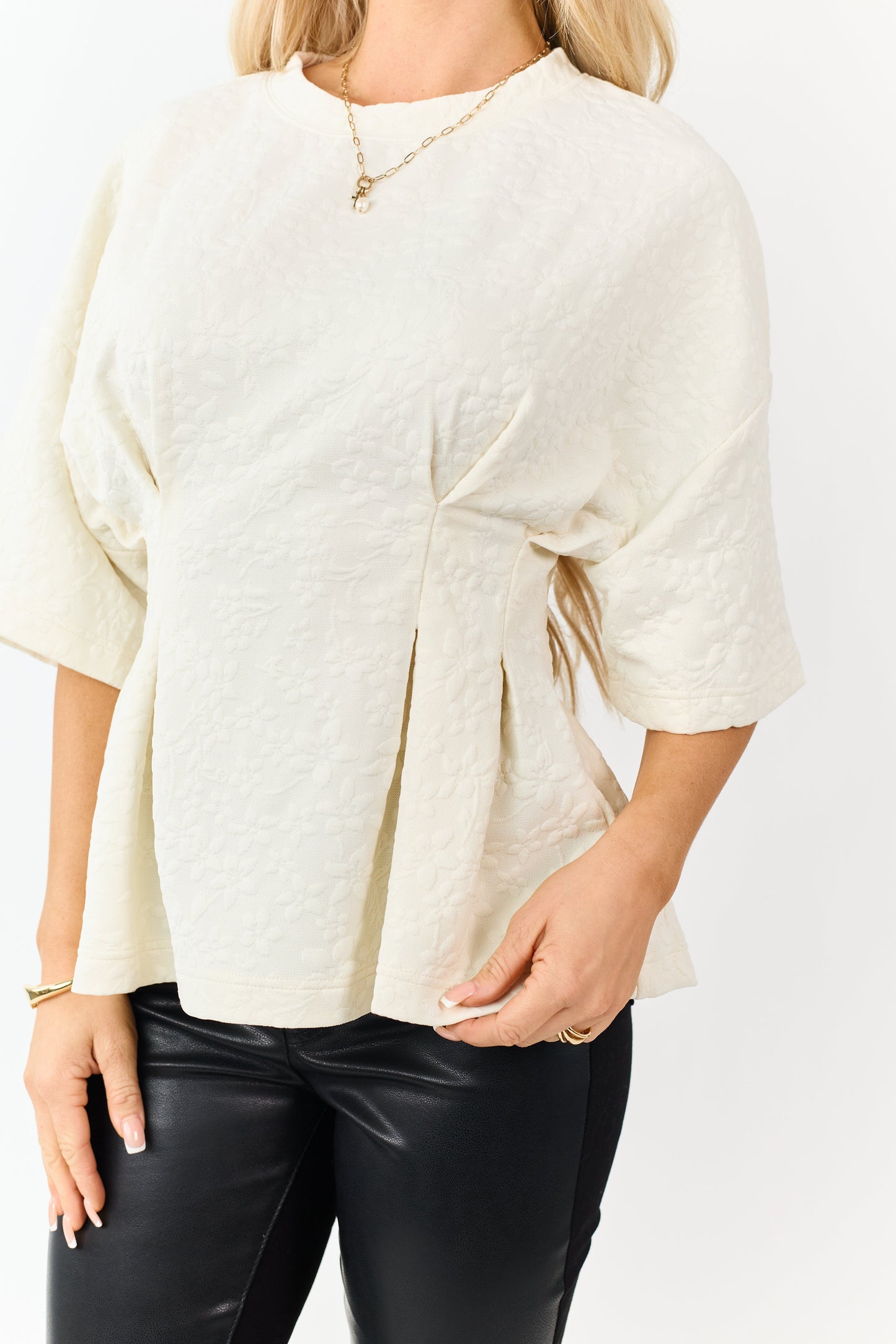 Cream Floral Jacquard Peplum Short Sleeve Top