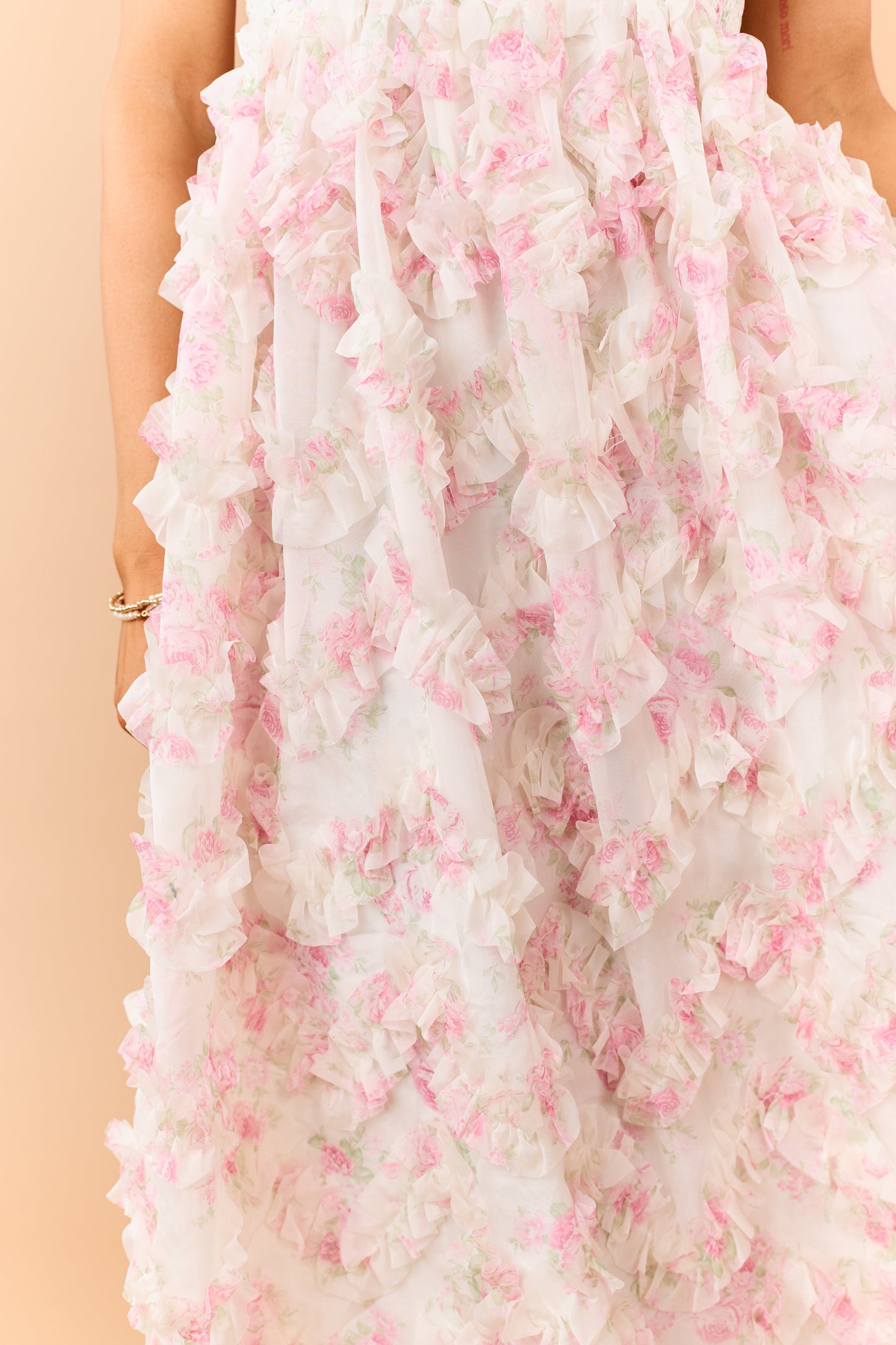 Cream Floral Smocked Bodice Ruffle Skirt Midi Dress