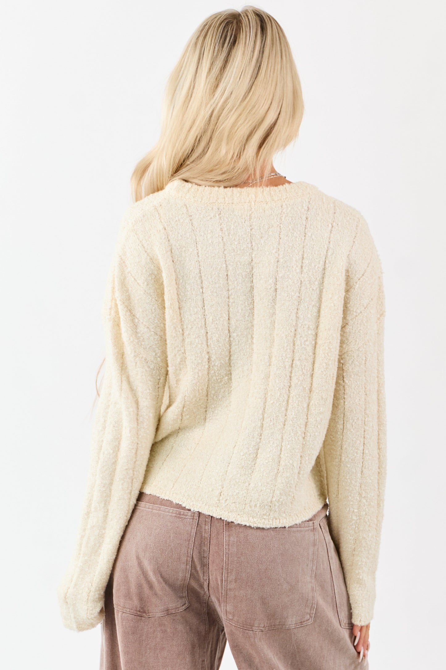 Cream Rib Texture Crew Neck Pullover Sweater