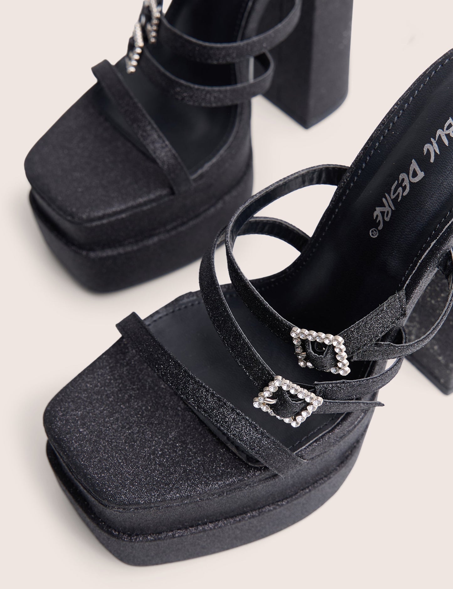 Disco Ball Black Buckle Embellished Detail Platform Heels