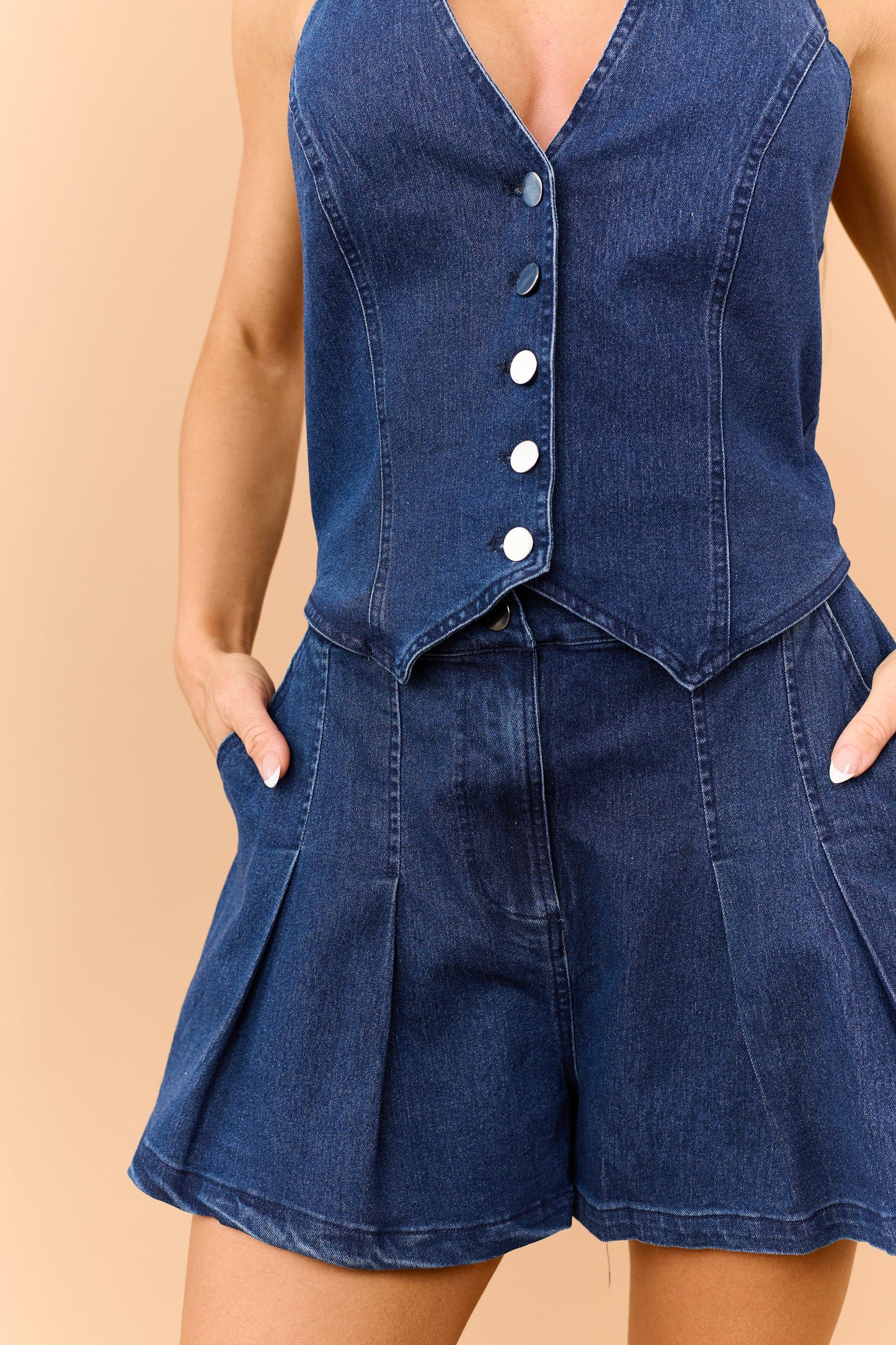 Dark Wash Denim Halter Vest Button Down Romper