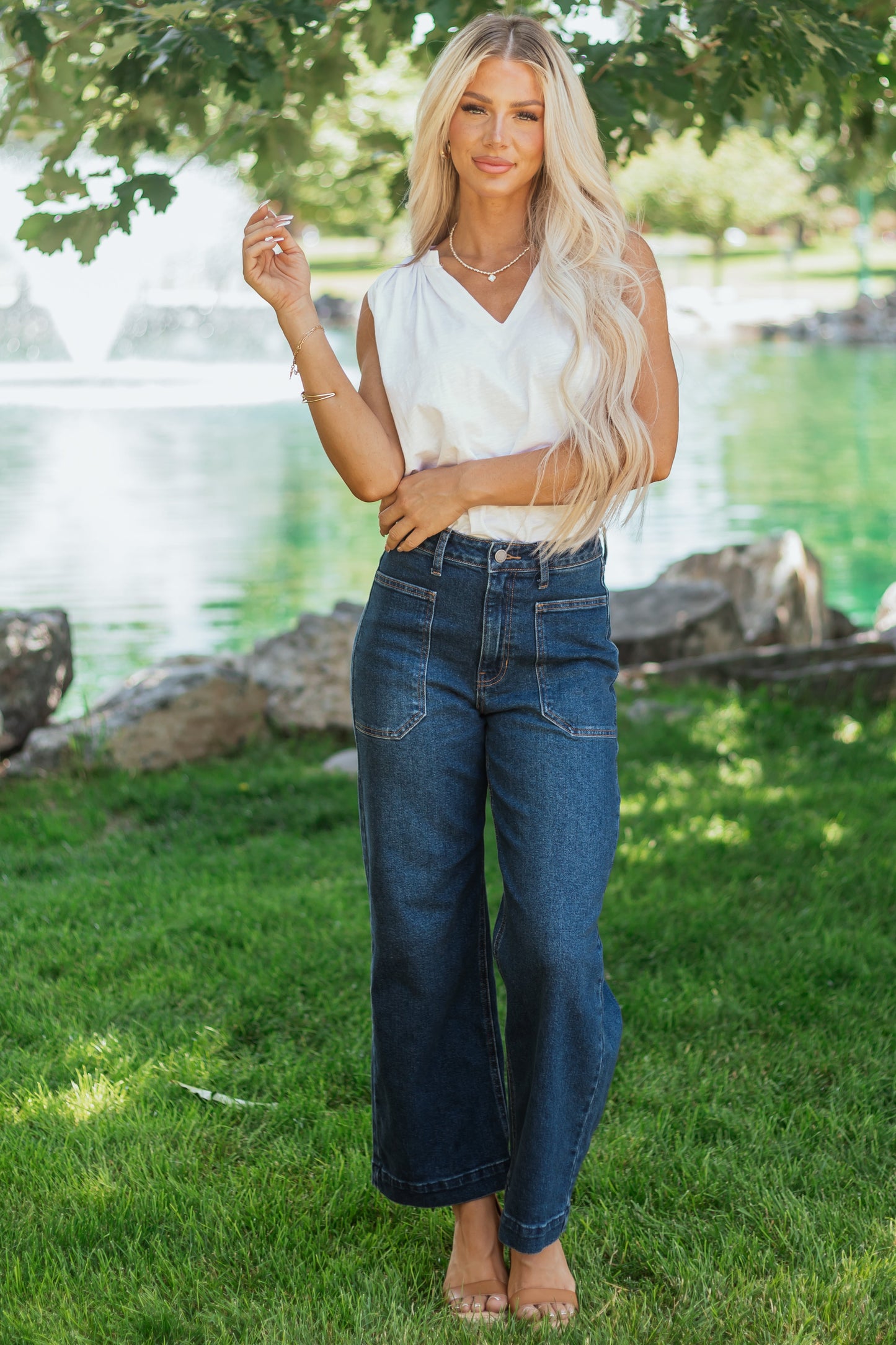 Dark Wash Stretchy Wide Leg Utility Jeans