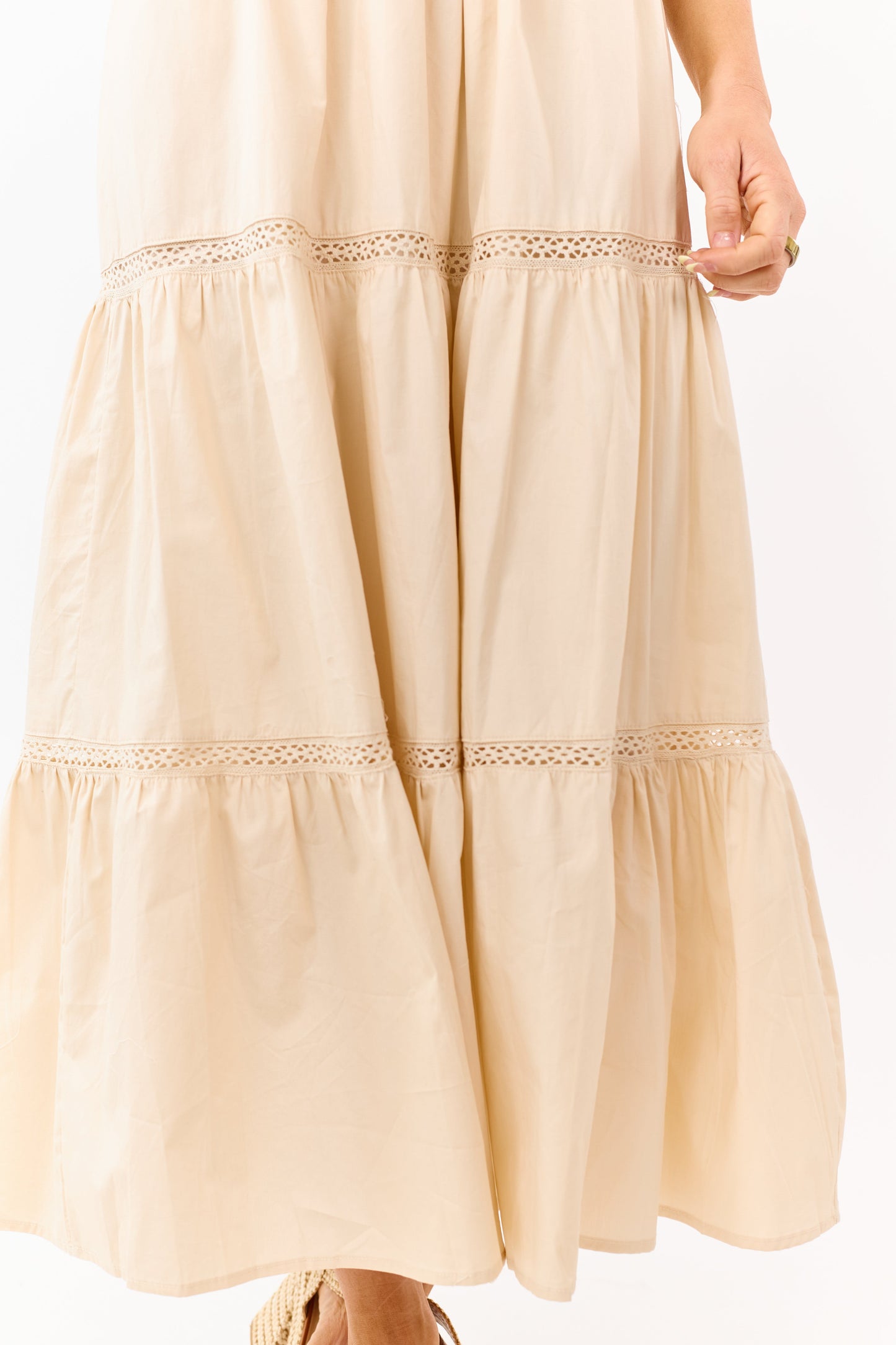 Desert Sand Rib Knit Bodice Tiered Midi Dress