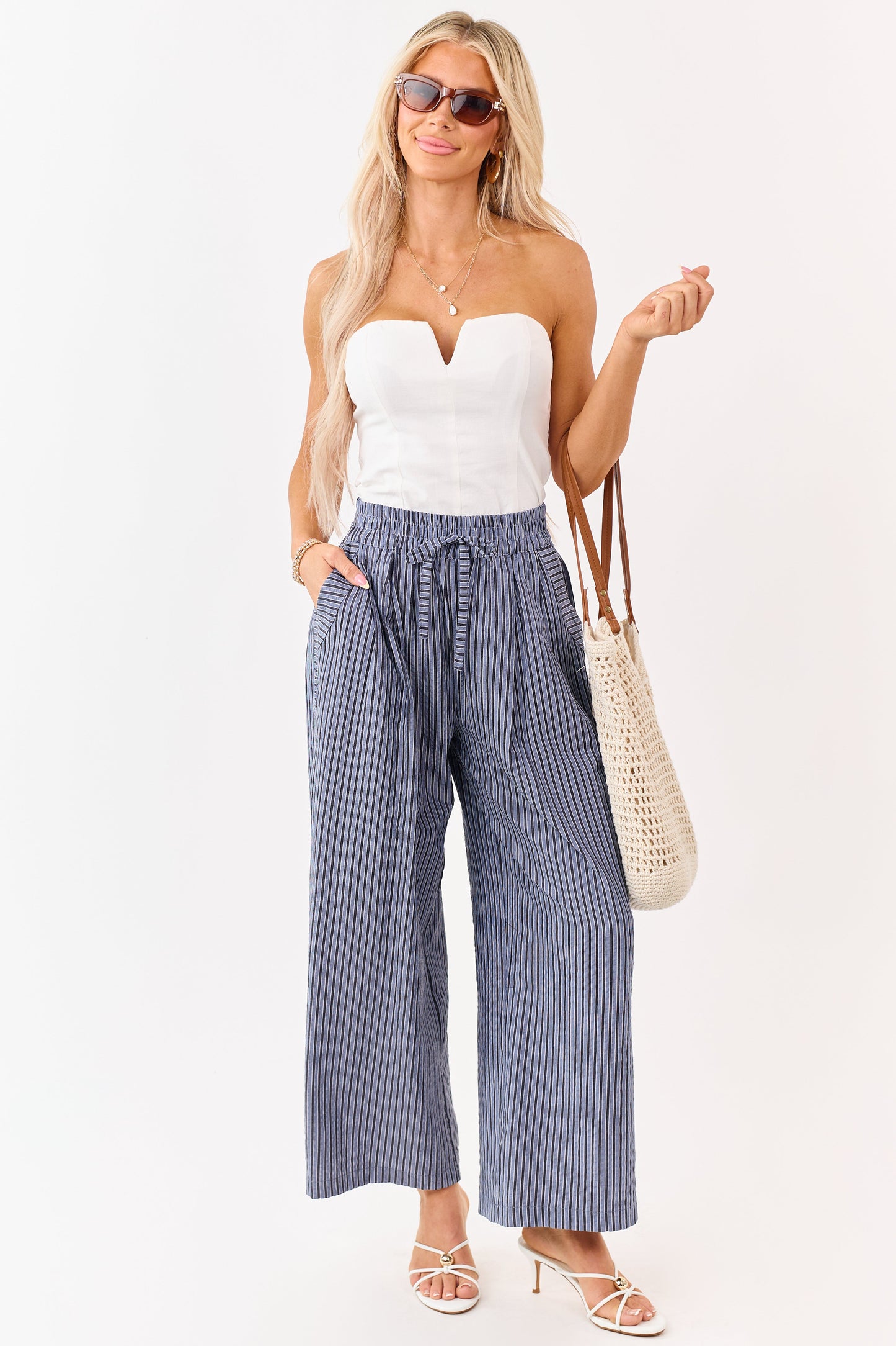 Dusty Blue and Navy Striped Wide Leg Pants