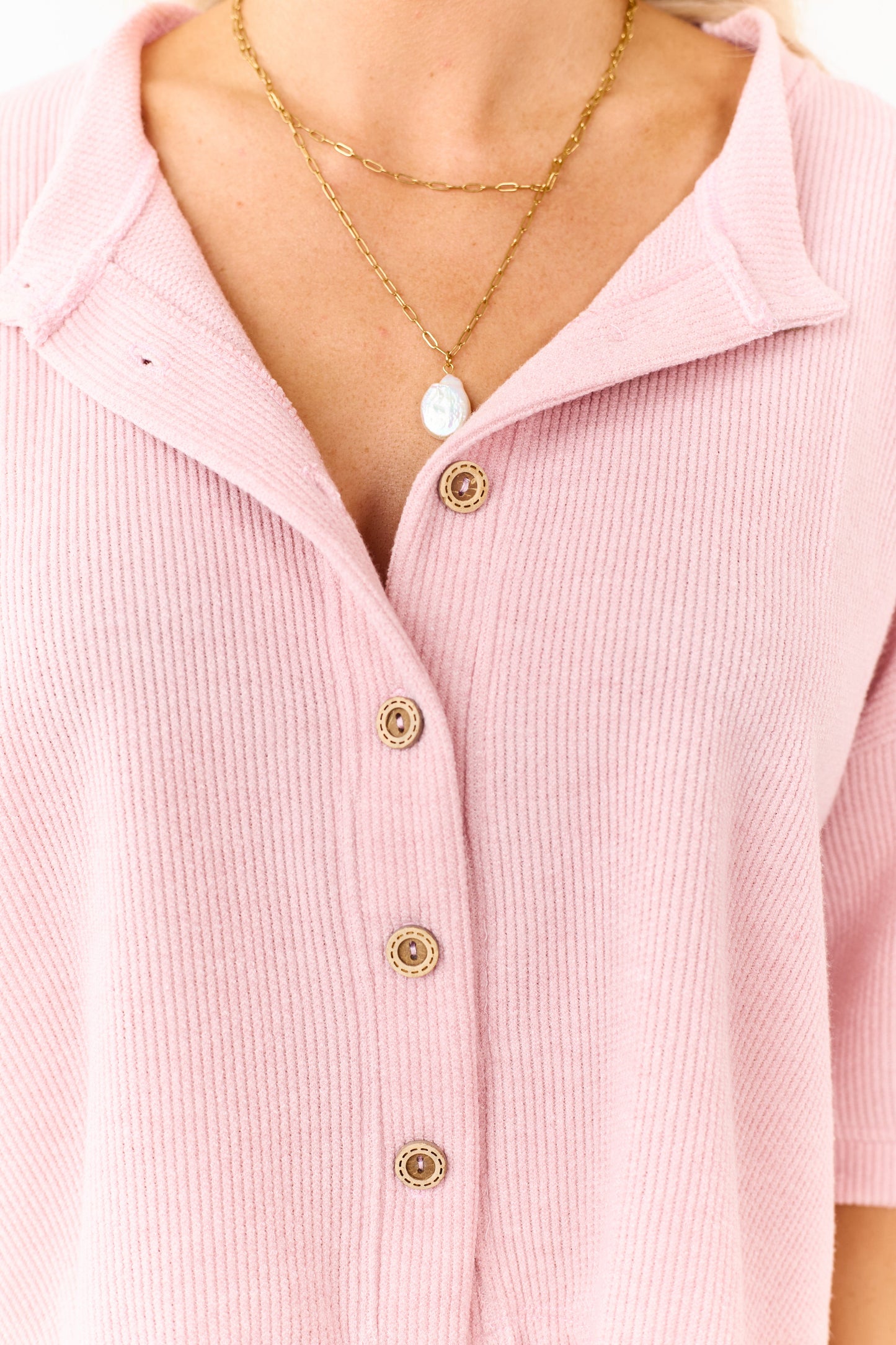 Dusty Blush Rib Knit Button Down Half Sleeve Top