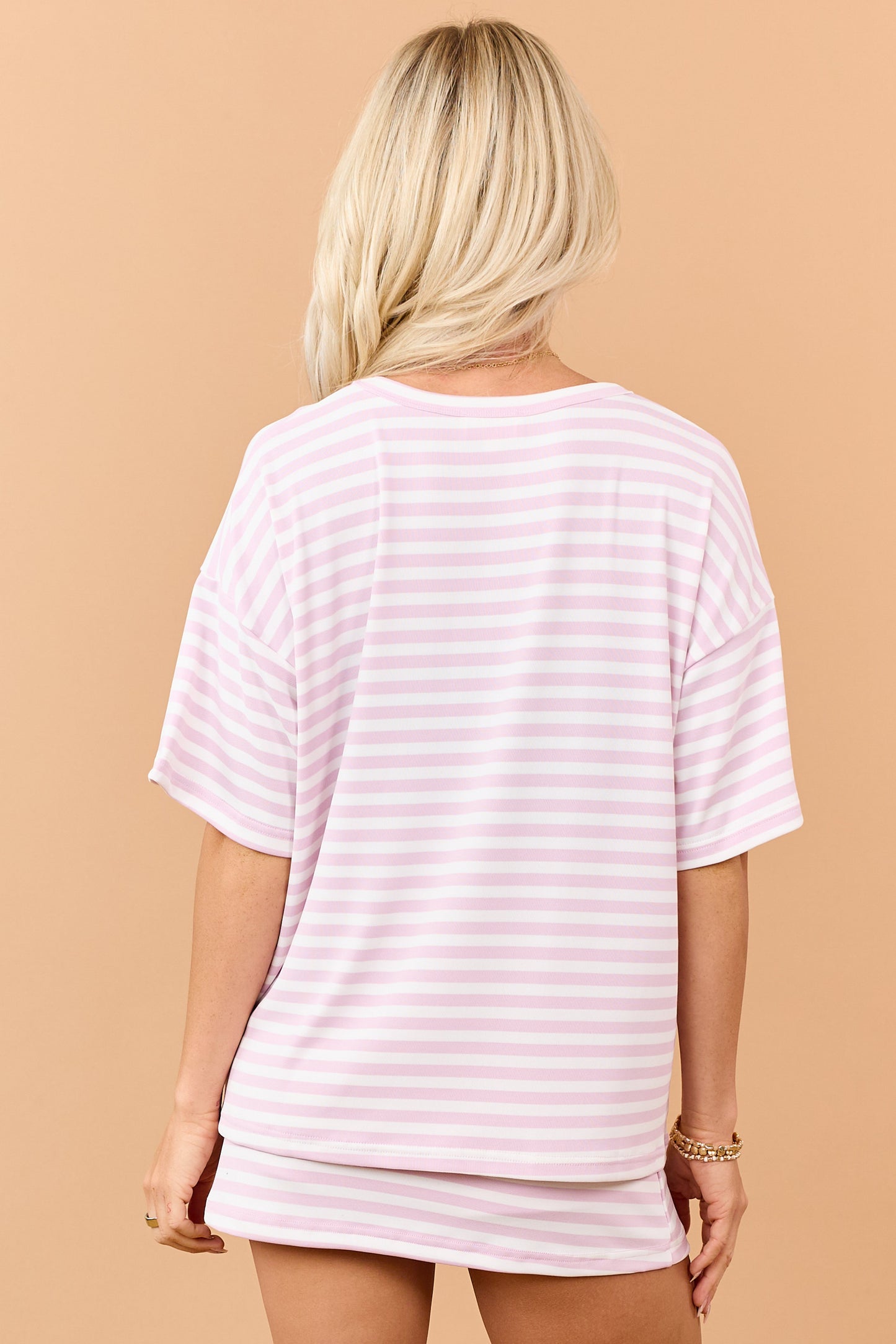Dusty Blush Striped Crew Neck Short Sleeve Top