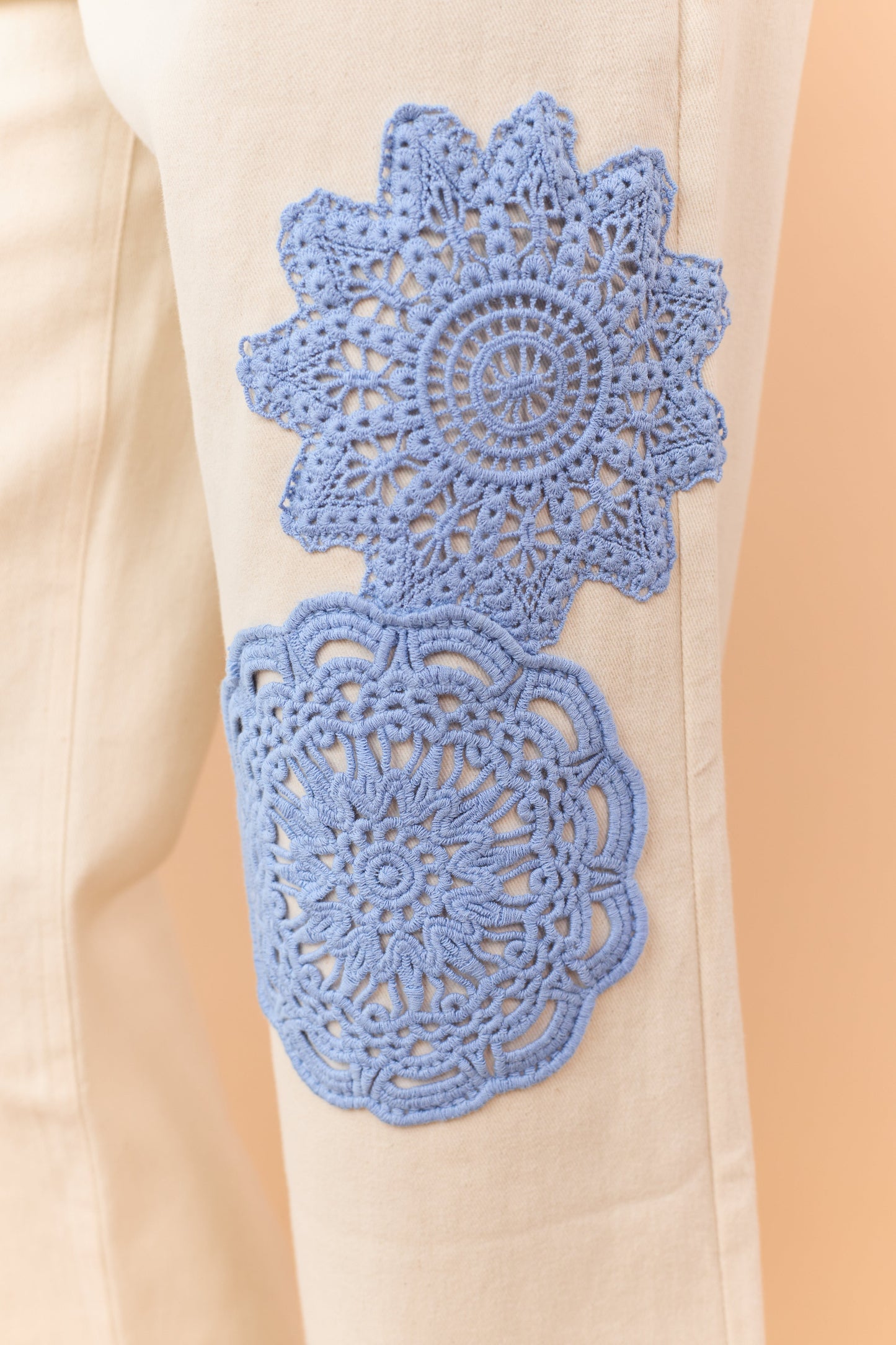 Entro Cream Boho Crochet Patchwork Wide Leg Jeans