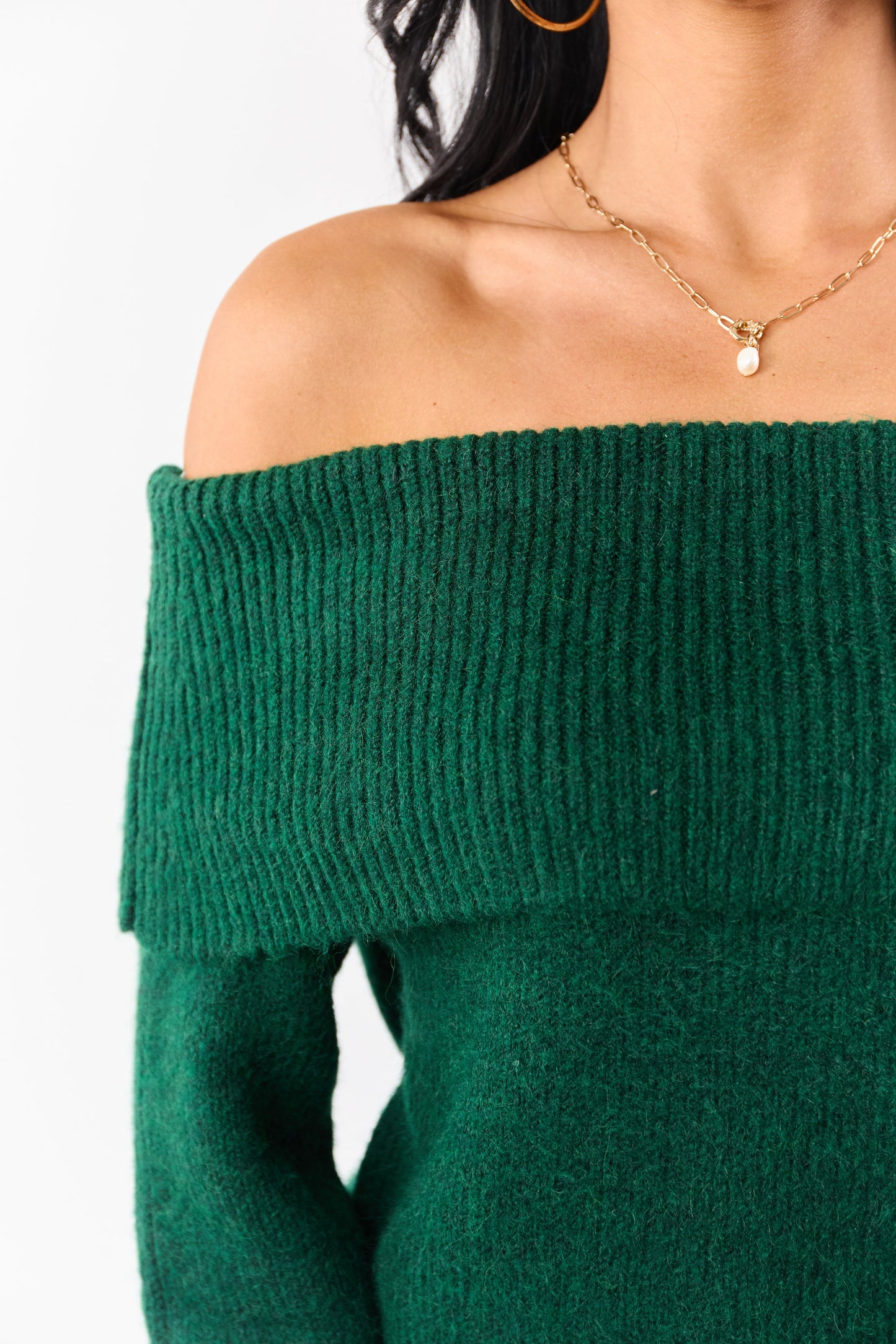 Entro Hunter Green Wool Blend Off Shoulder Sweater
