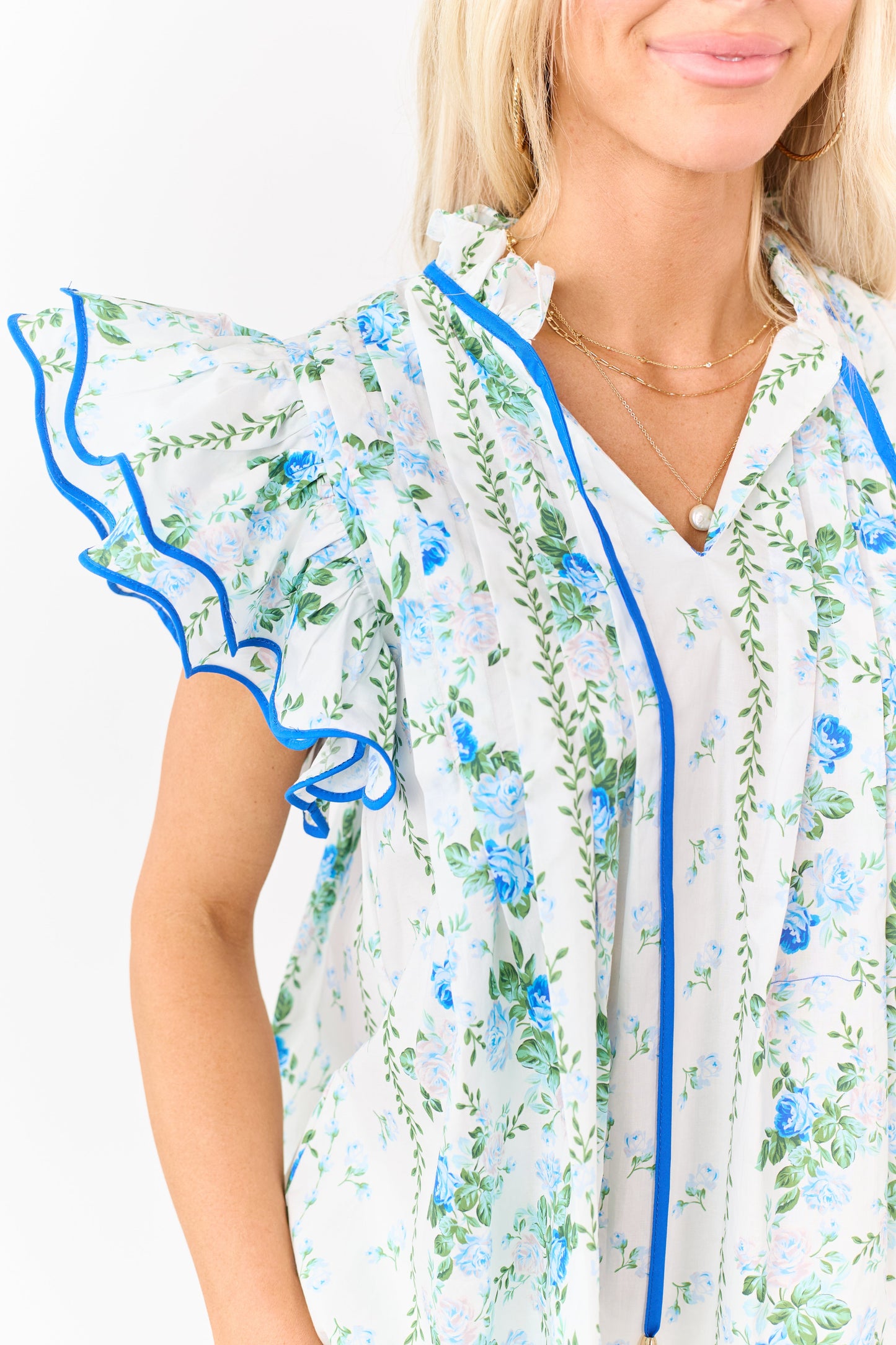 Entro Off White Cotton Floral Ruffle Sleeve Top