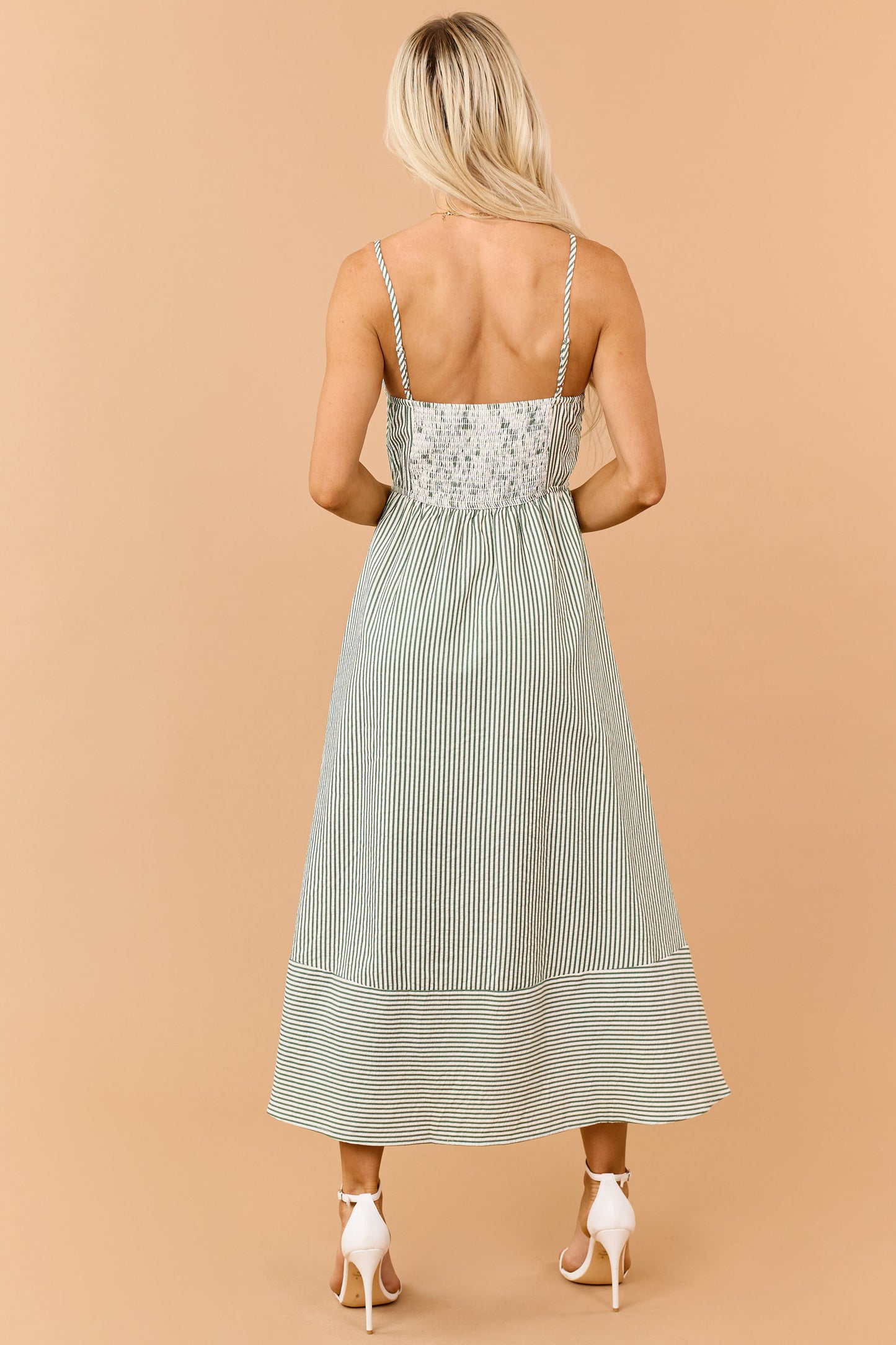 Hunter Green Striped V-Neck Midi Sundress
