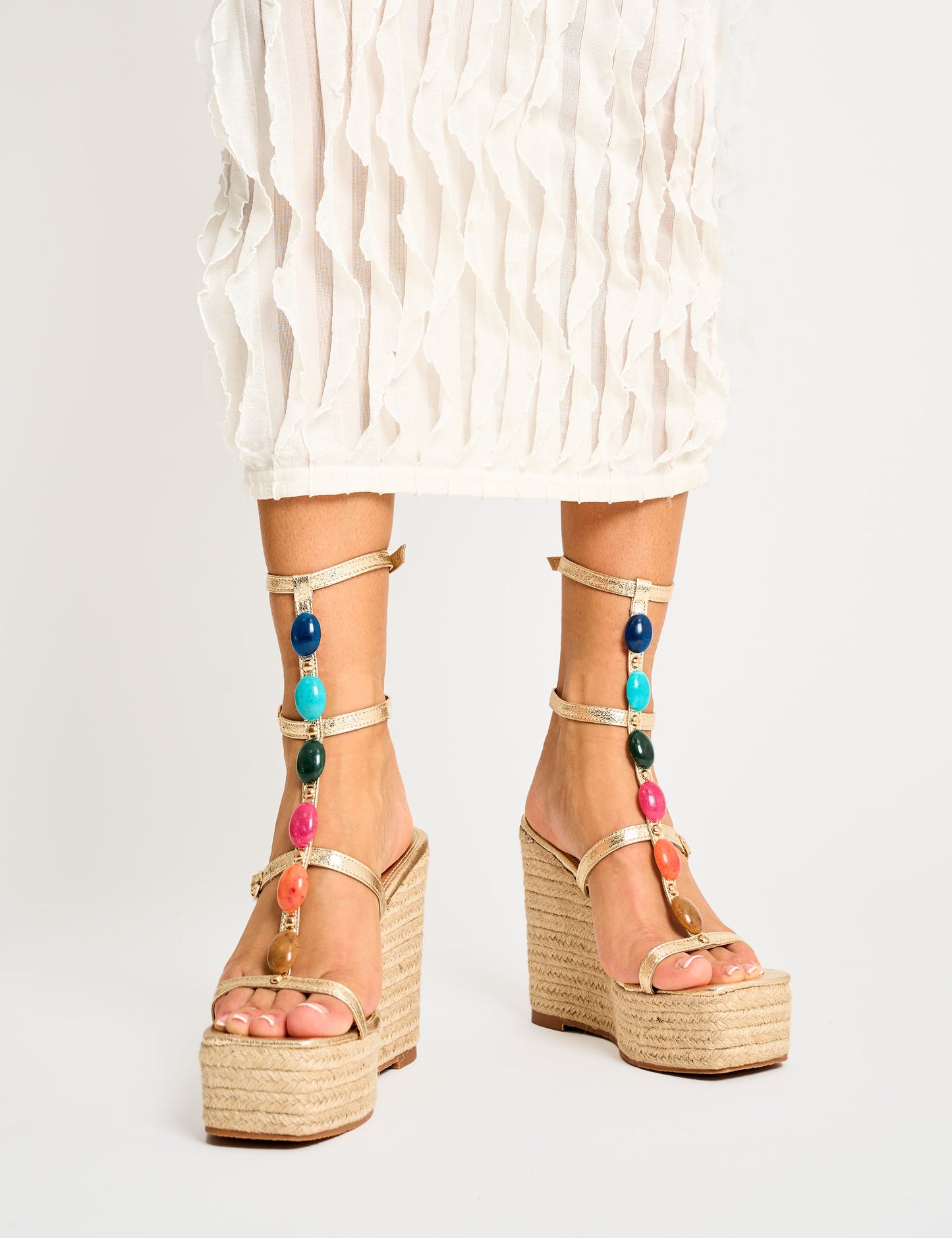 Iliana Cracked Gold Pu Beaded Trim Strappy Jute Wedges