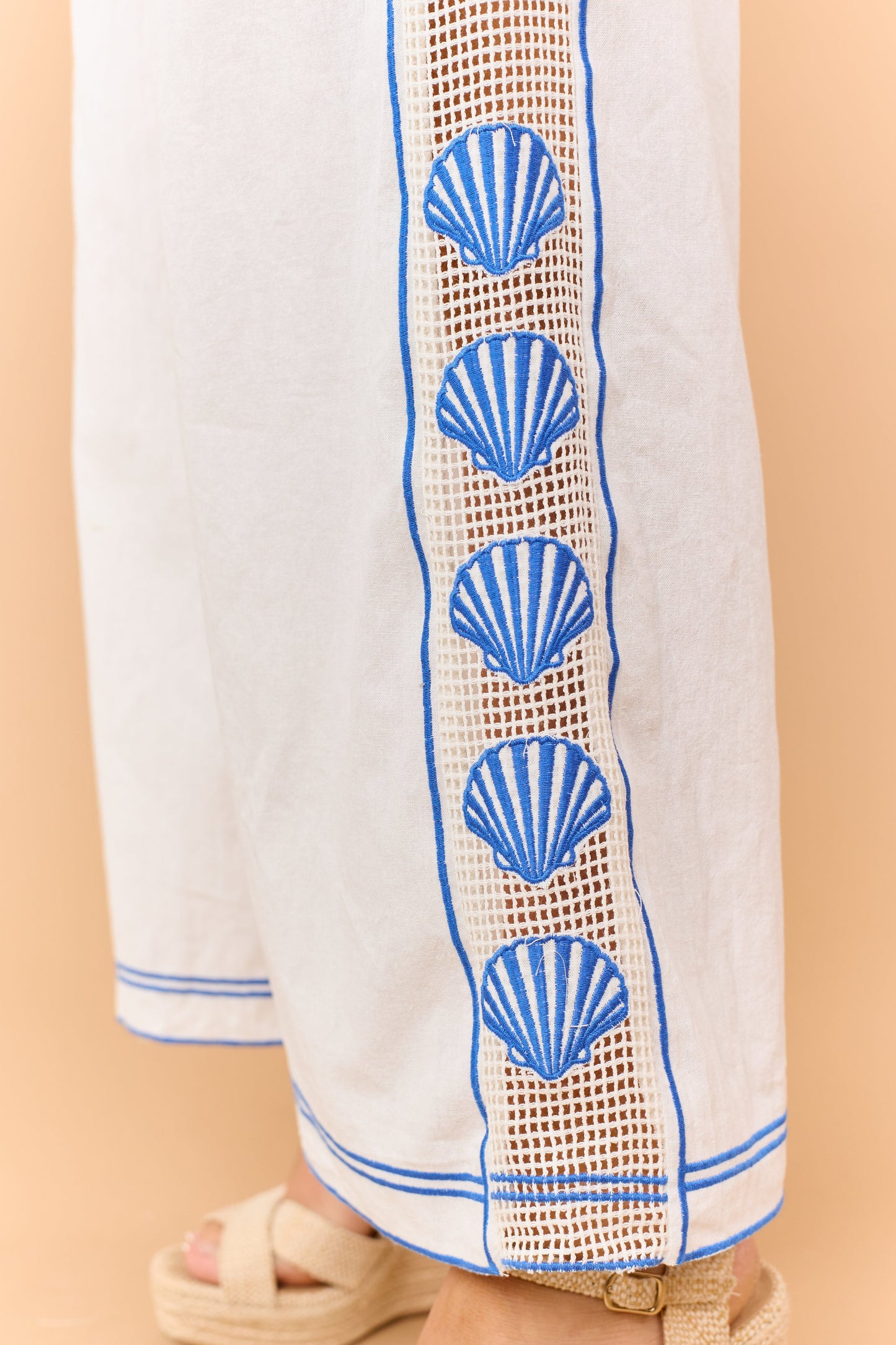 Ivory Open Knit Side Embroidered Shell Cotton Pants