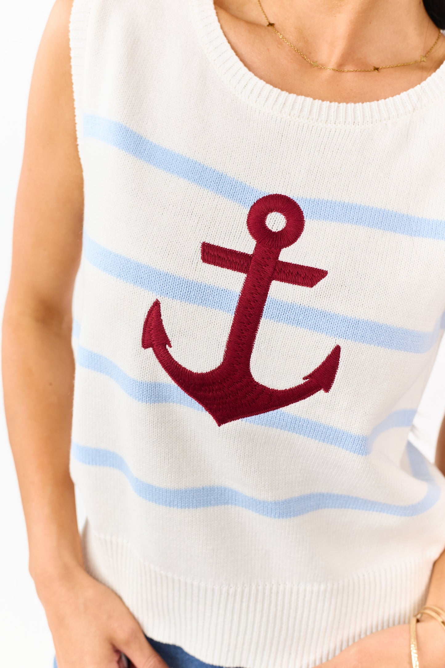Ivory Striped Anchor Graphic Sweater Tank Top