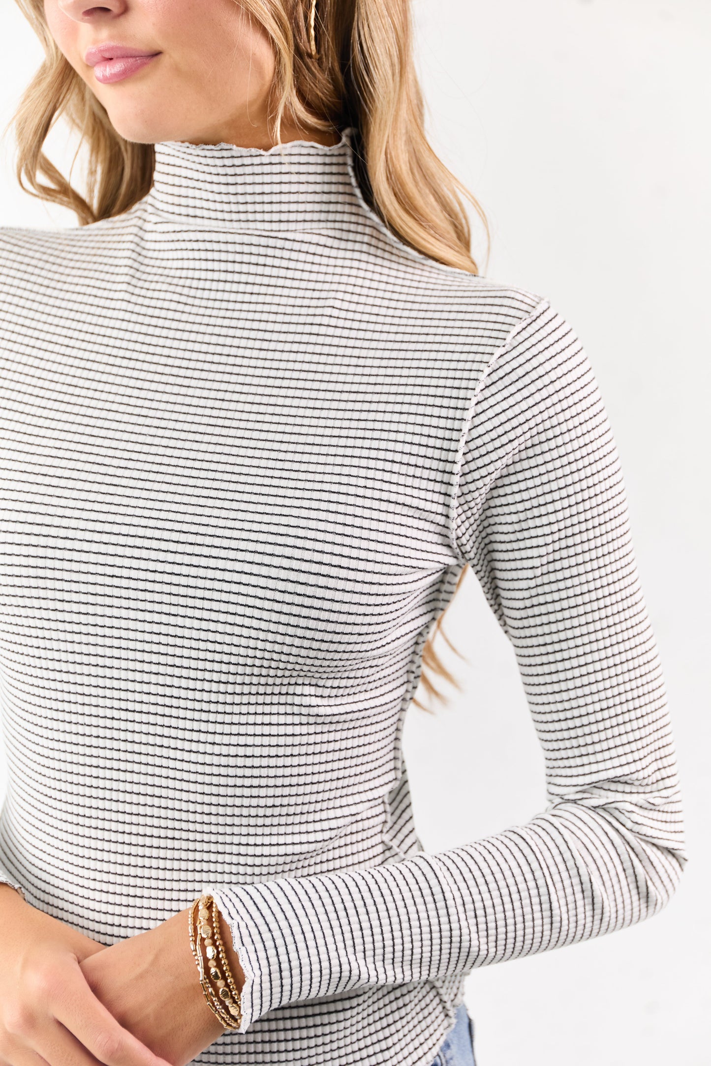 Ivory Striped Ribbed Knit Long Sleeve Mock Neck Top