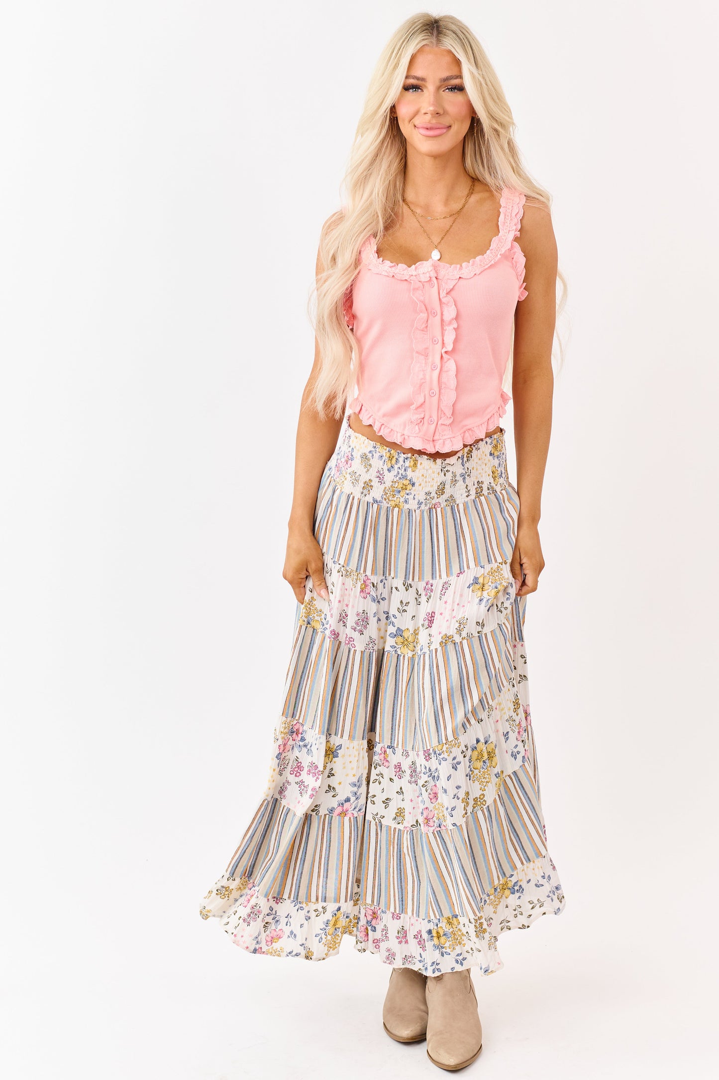 Ivory Striped and Floral Print Tiered Midi Skirt