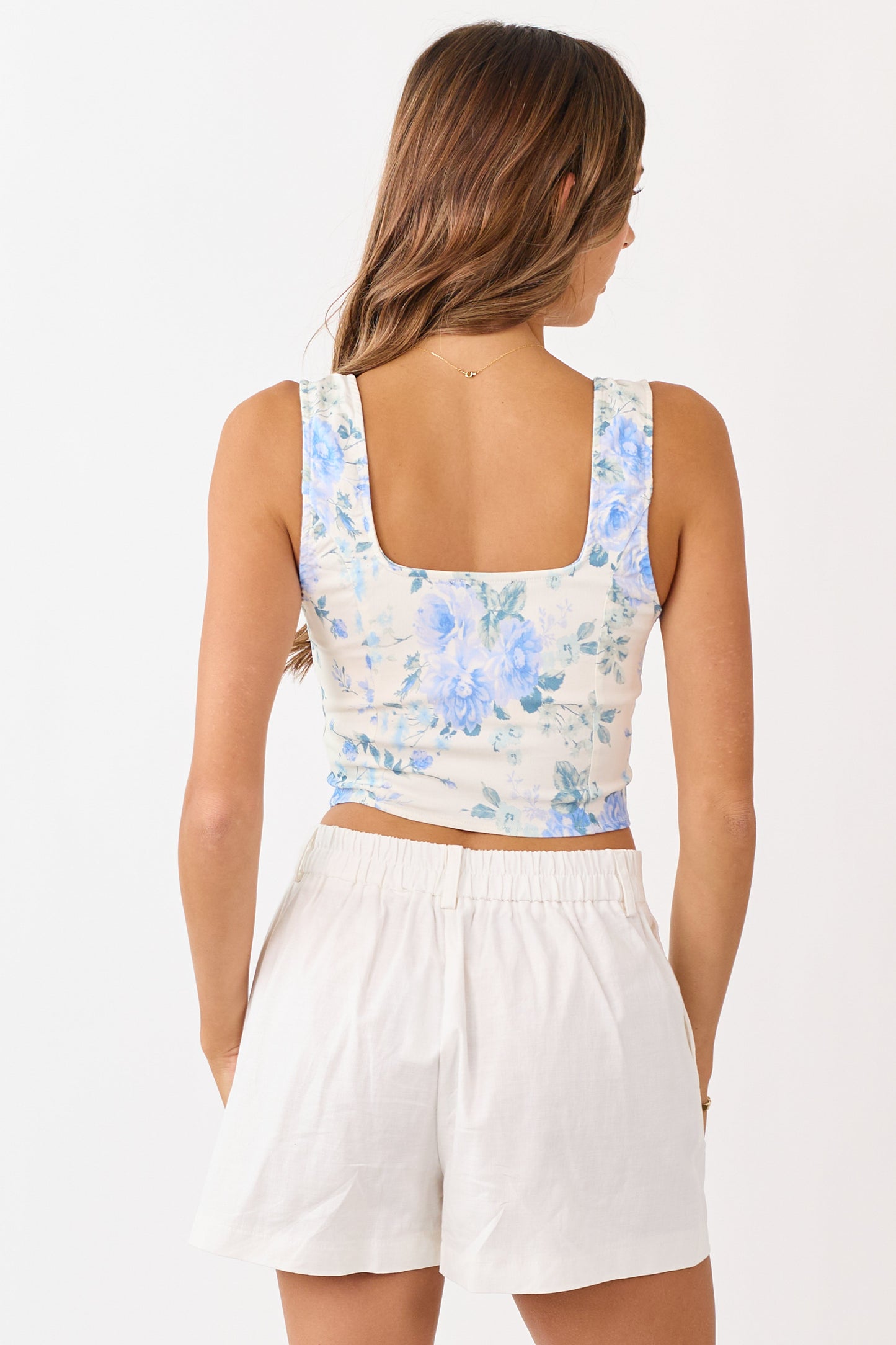 Ivory and Dusty Blue Floral Print Button Down Vest