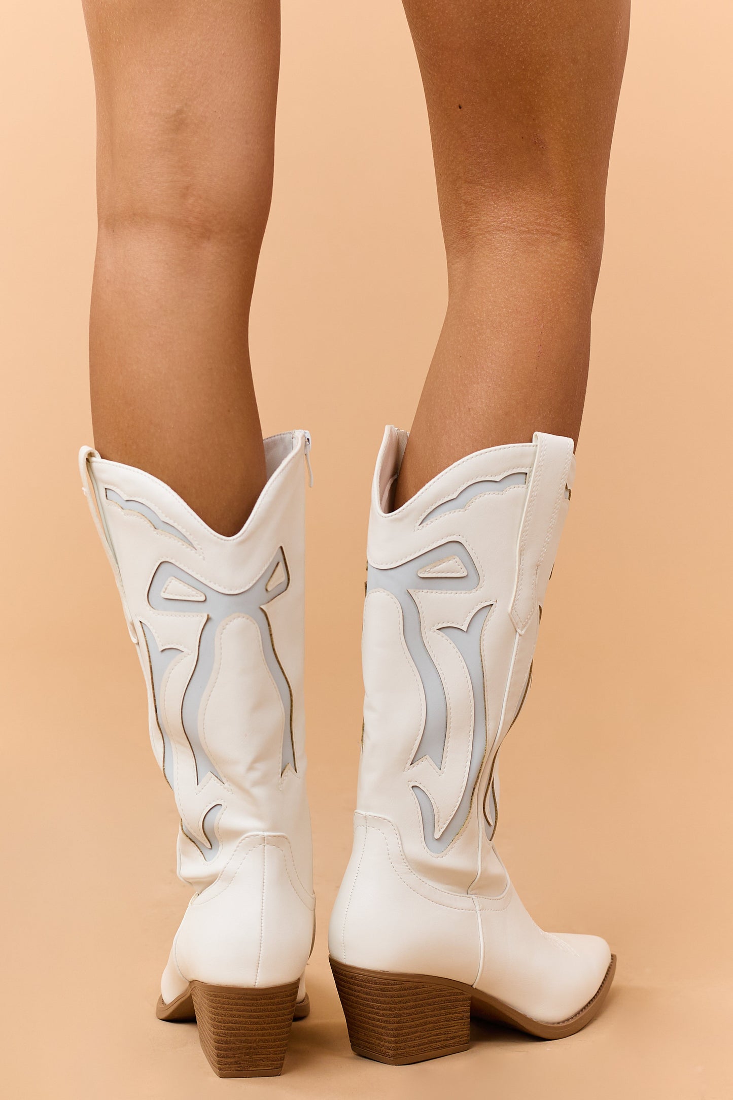 Ivory and Powder Blue Faux Leather Western Style Boots