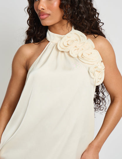 Satin Swing Dress With Corsage Ivory