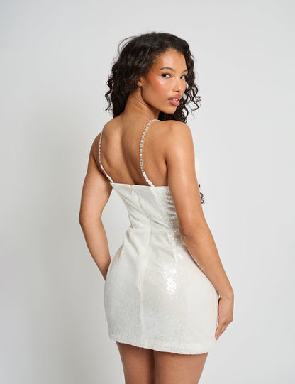 Diamante Strap Detail Sequin Mini Dress White