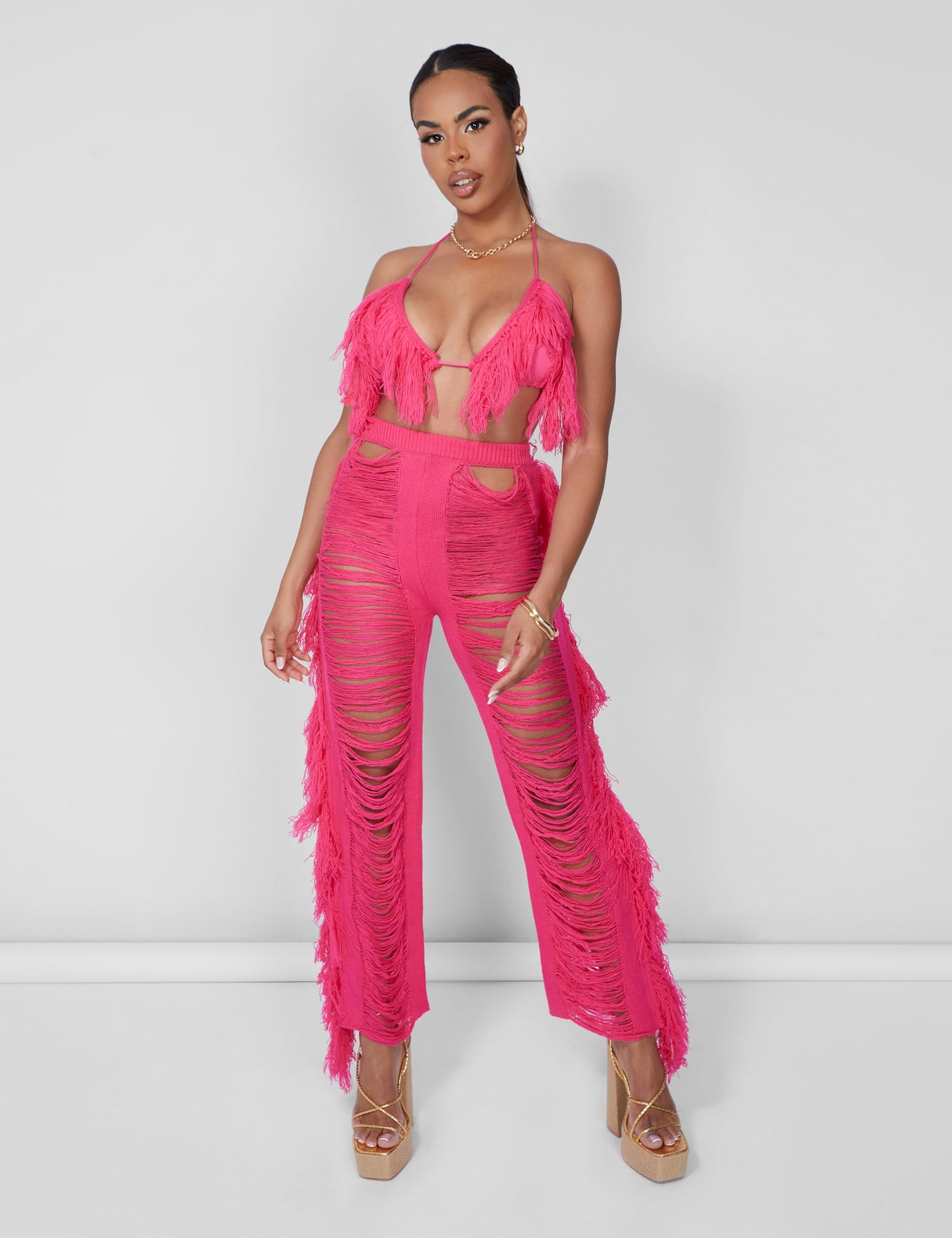 Fringe Triangle Top Hot Pink