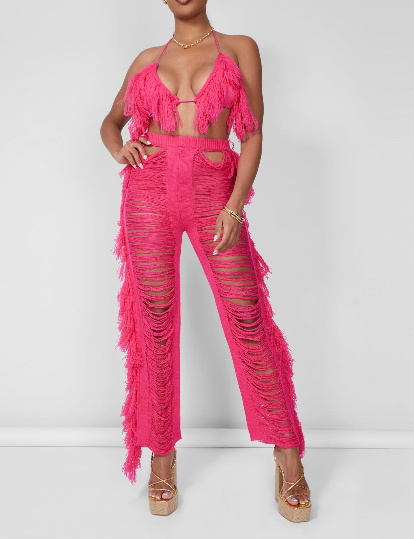Fringe Triangle Top Hot Pink