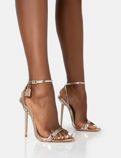 Ti Amo Gold Wide Fit Metallic PU Padlock Detail Barely There Pointed Toe Stilettos Heels