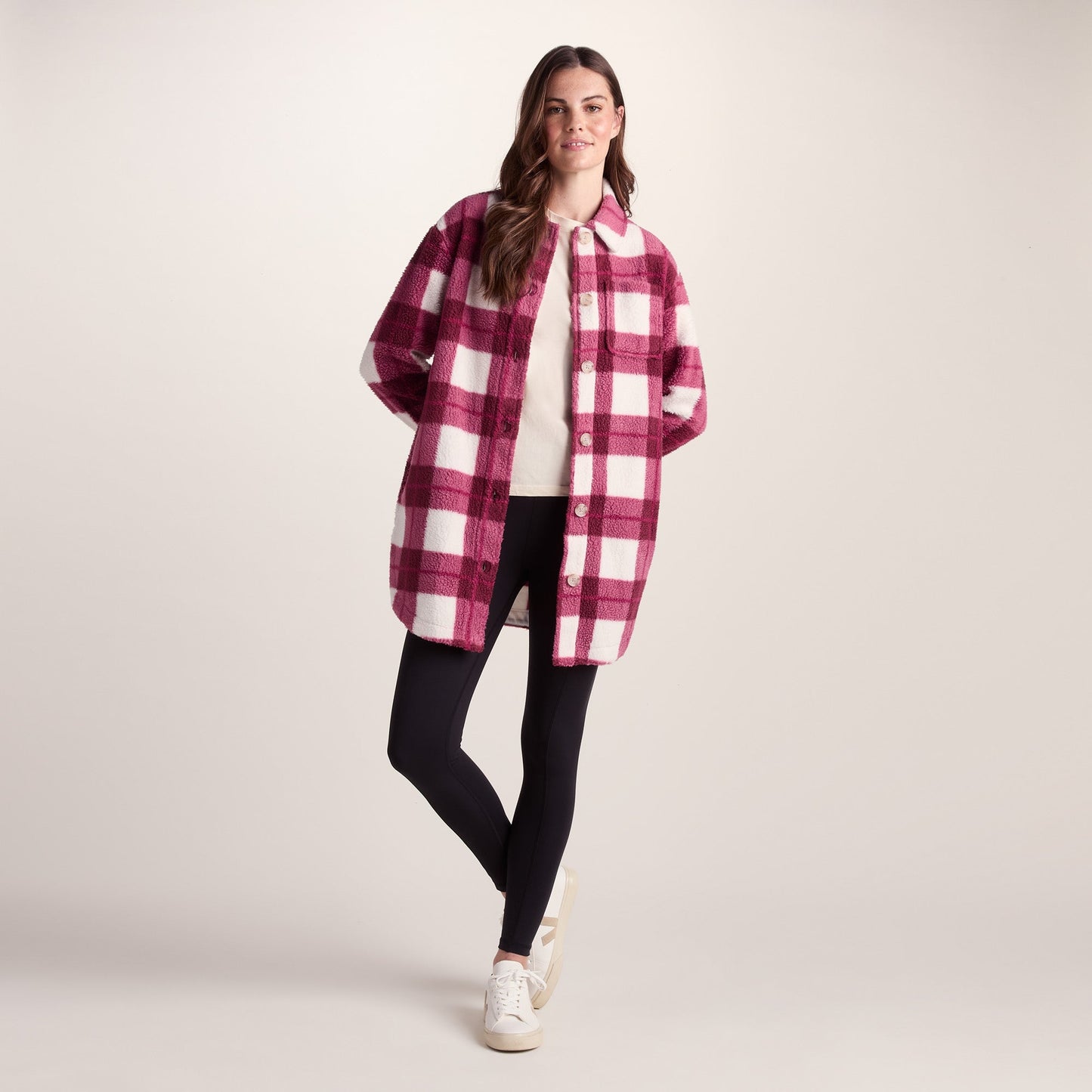 Sally Womens Sherpa Fleece Shacket - Burgundy Check