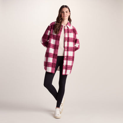 Sally Womens Sherpa Fleece Shacket - Burgundy Check