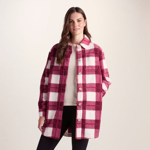 Sally Womens Sherpa Fleece Shacket - Burgundy Check