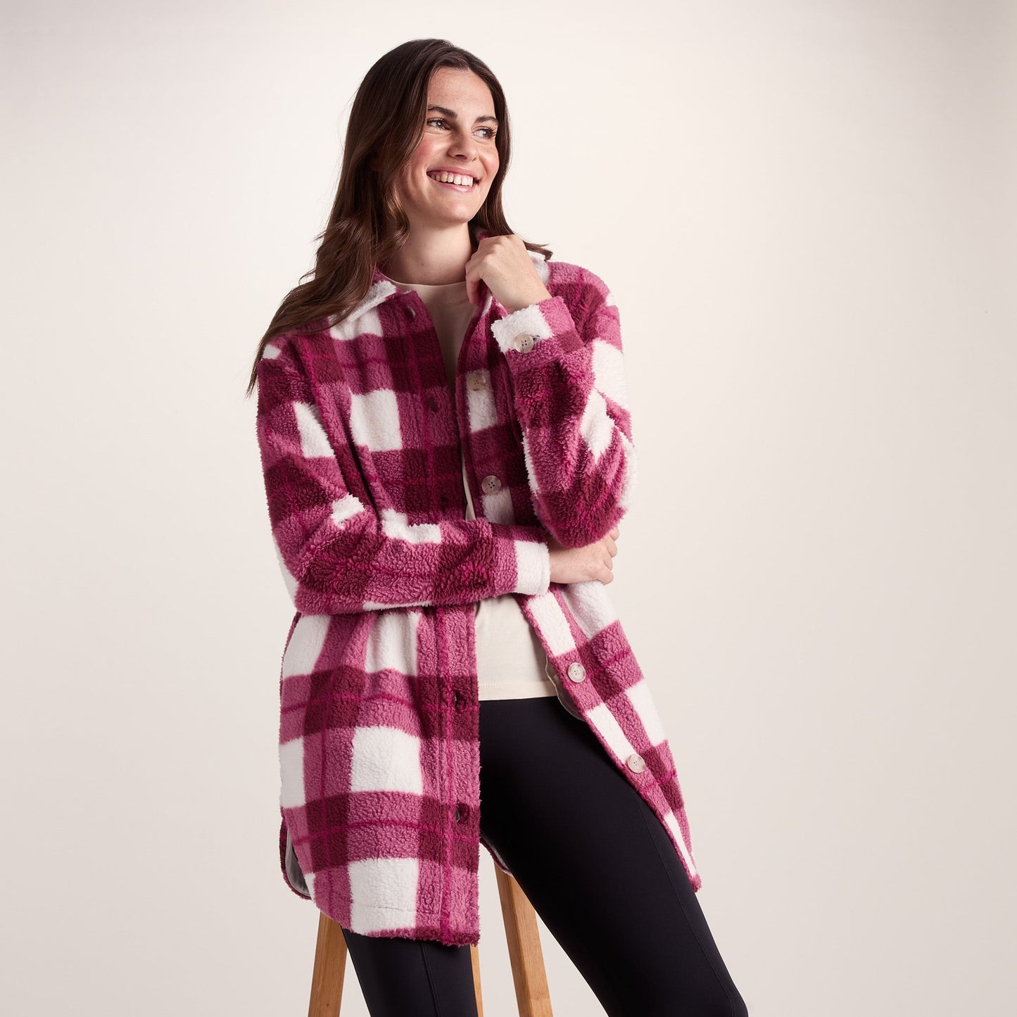 Sally Womens Sherpa Fleece Shacket - Burgundy Check