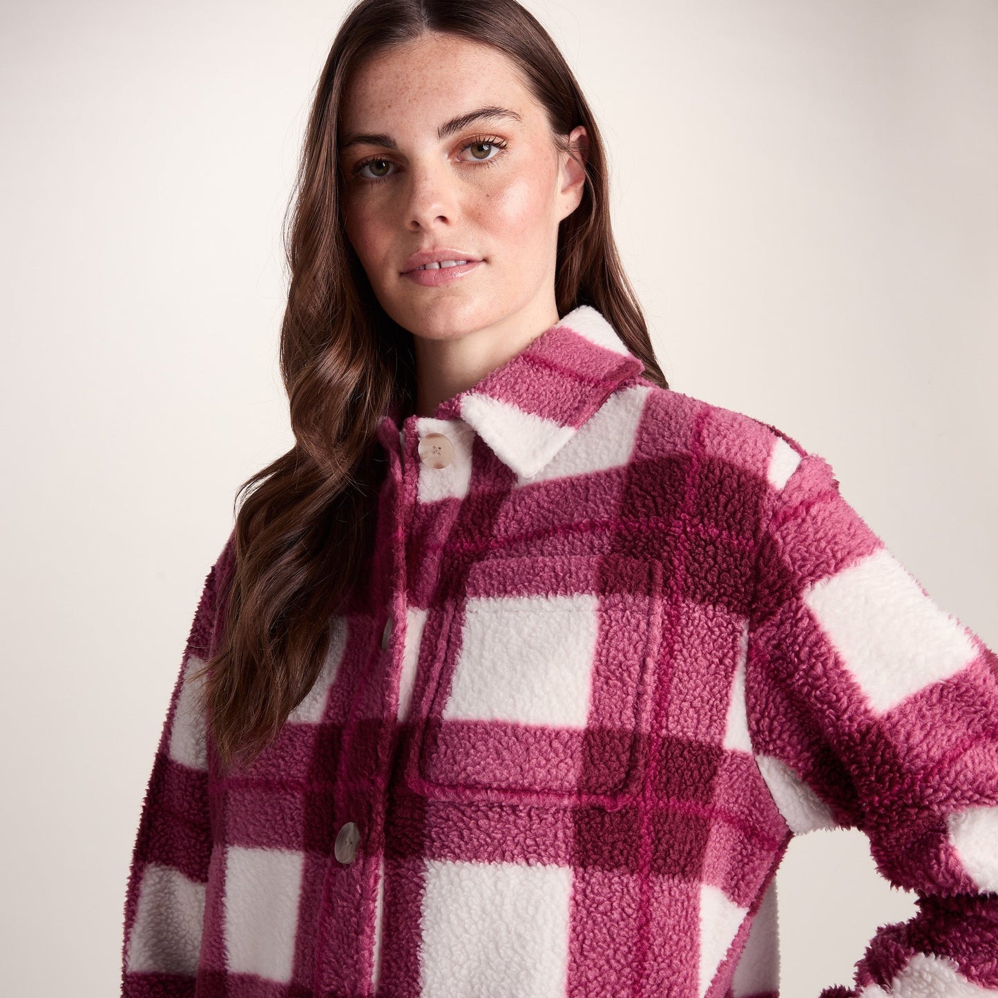 Sally Womens Sherpa Fleece Shacket - Burgundy Check