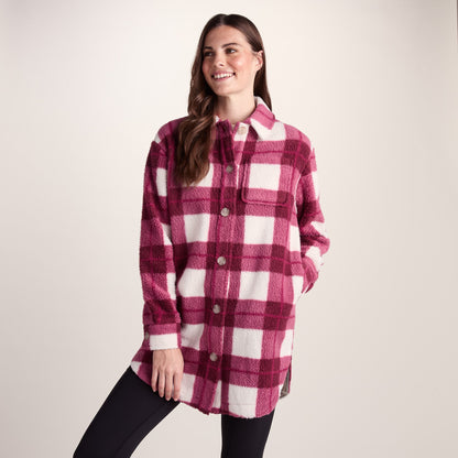 Sally Womens Sherpa Fleece Shacket - Burgundy Check