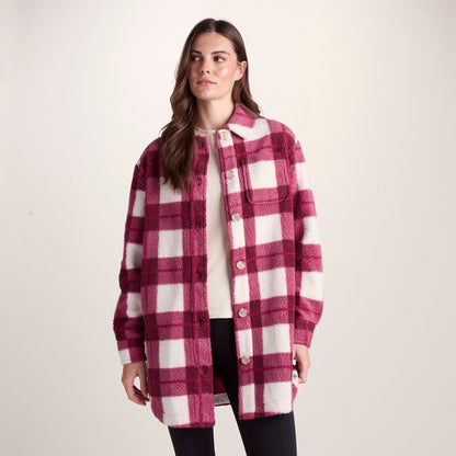 Sally Womens Sherpa Fleece Shacket - Burgundy Check
