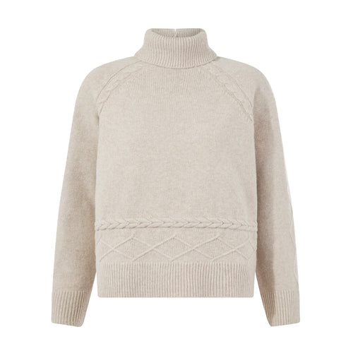 Serena Womens Cable Knit Roll Neck Jumper - Light Beige Melange