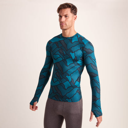Snowdon Mens Thermal Crew Neck Base Layer - Dark Turquoise Abstract Mountain Print
