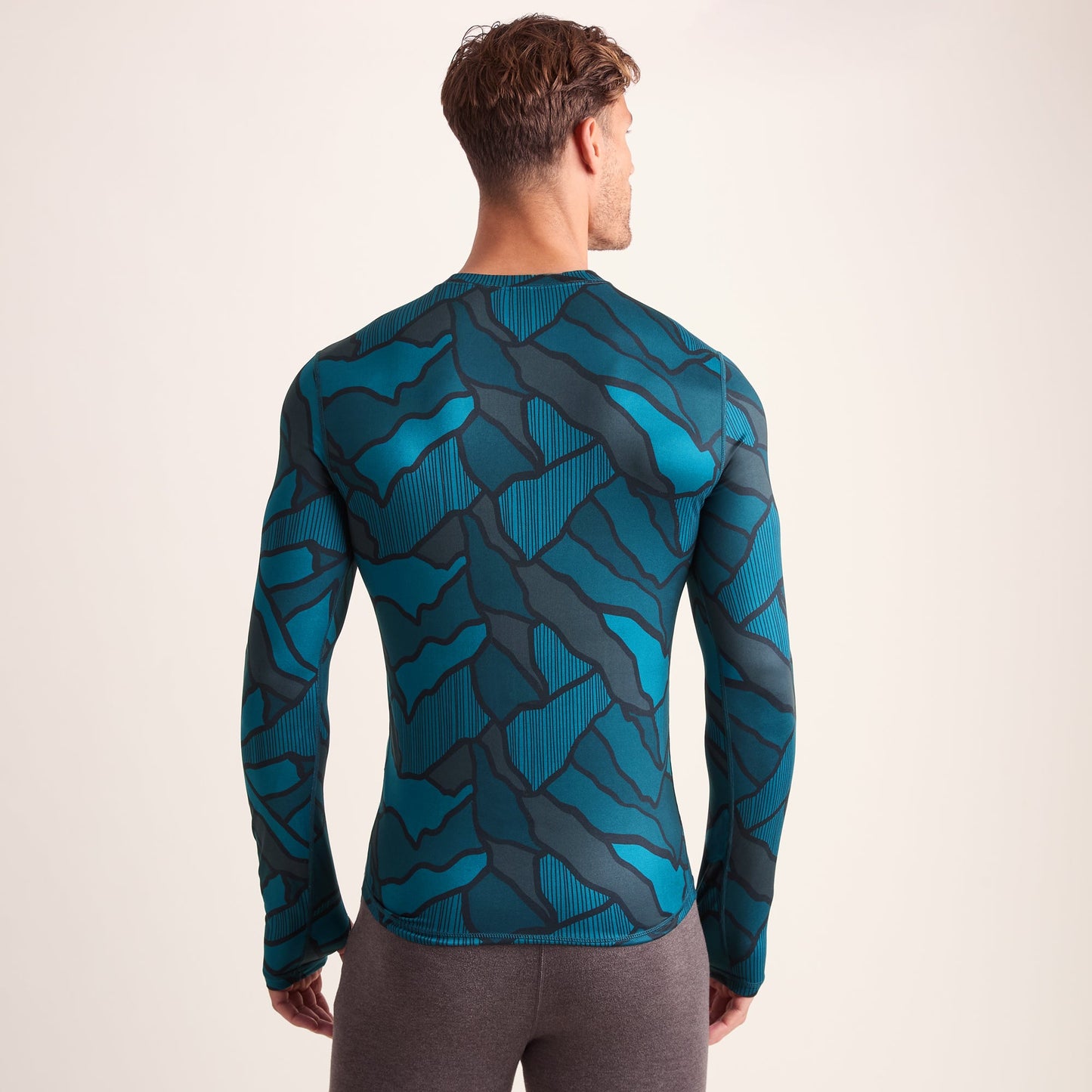 Snowdon Mens Thermal Crew Neck Base Layer - Dark Turquoise Abstract Mountain Print
