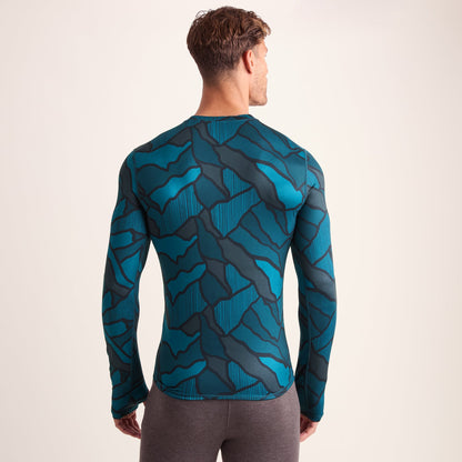 Snowdon Mens Thermal Crew Neck Base Layer - Dark Turquoise Abstract Mountain Print