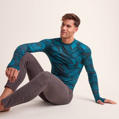 Snowdon Mens Thermal Crew Neck Base Layer - Dark Turquoise Abstract Mountain Print