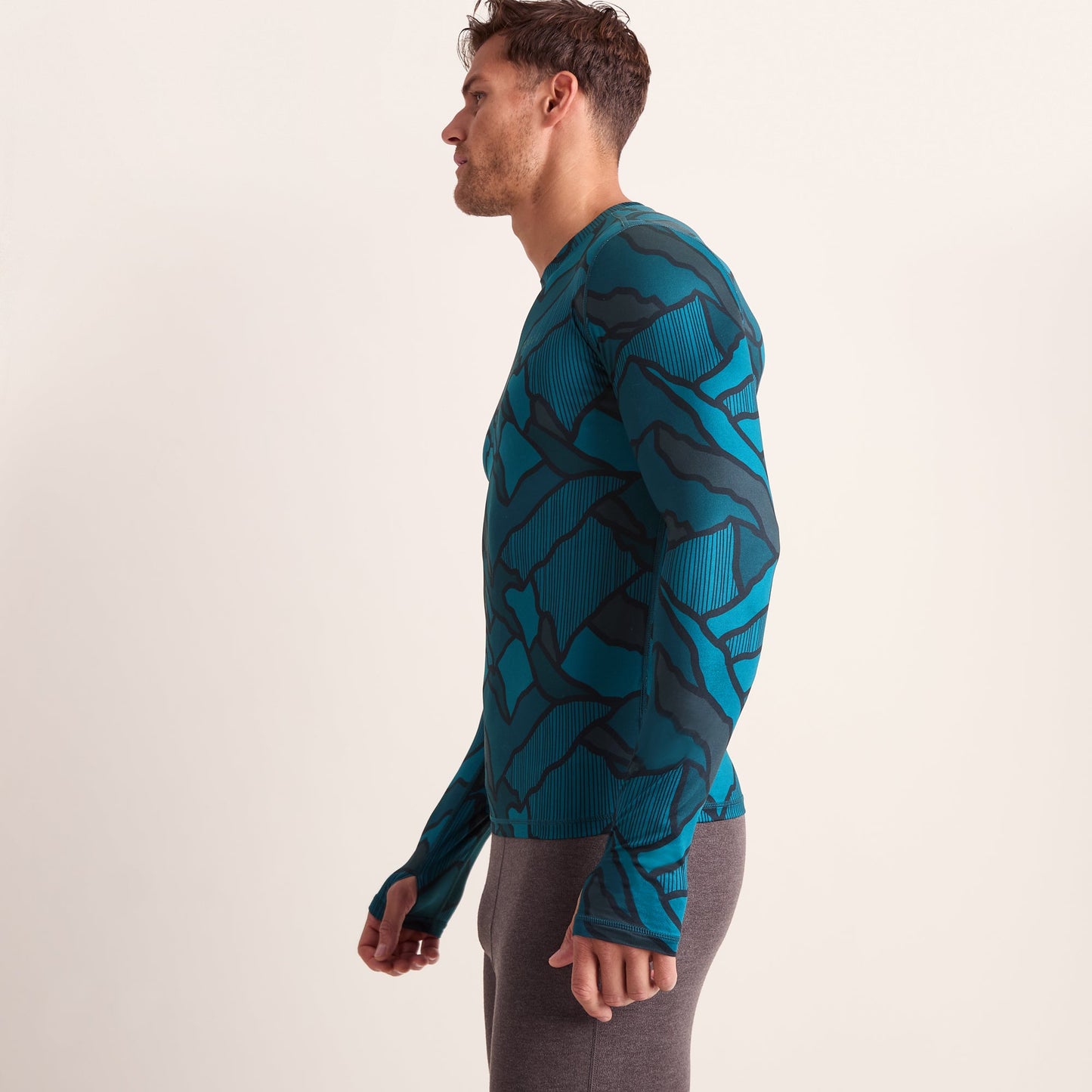 Snowdon Mens Thermal Crew Neck Base Layer - Dark Turquoise Abstract Mountain Print