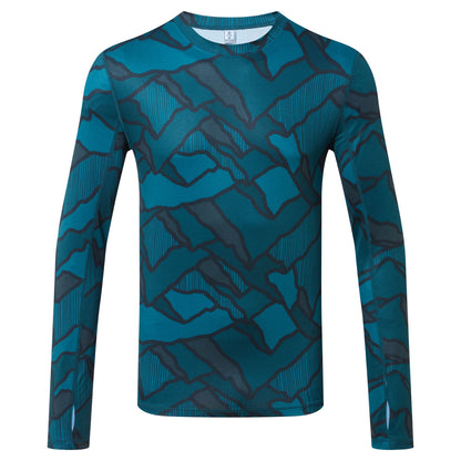 Snowdon Mens Thermal Crew Neck Base Layer - Dark Turquoise Abstract Mountain Print