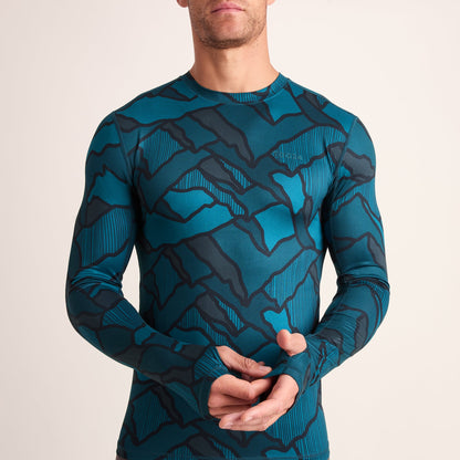 Snowdon Mens Thermal Crew Neck Base Layer - Dark Turquoise Abstract Mountain Print